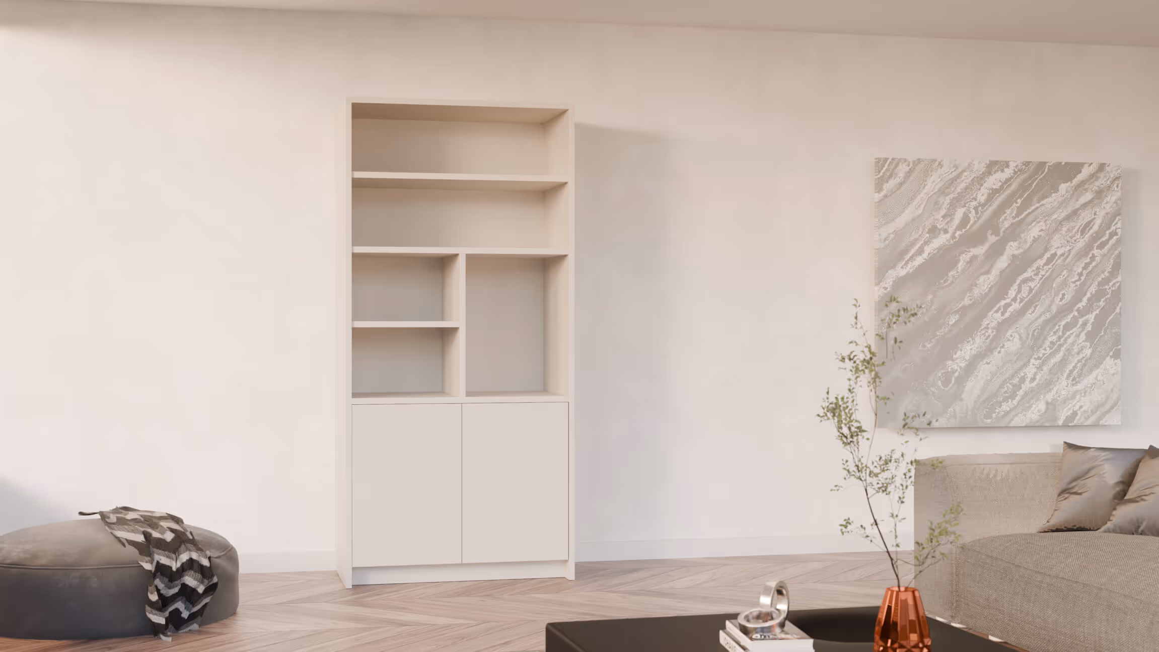 Wandkast Bella in wit, gemonteerd aan de muur in een modern interieur