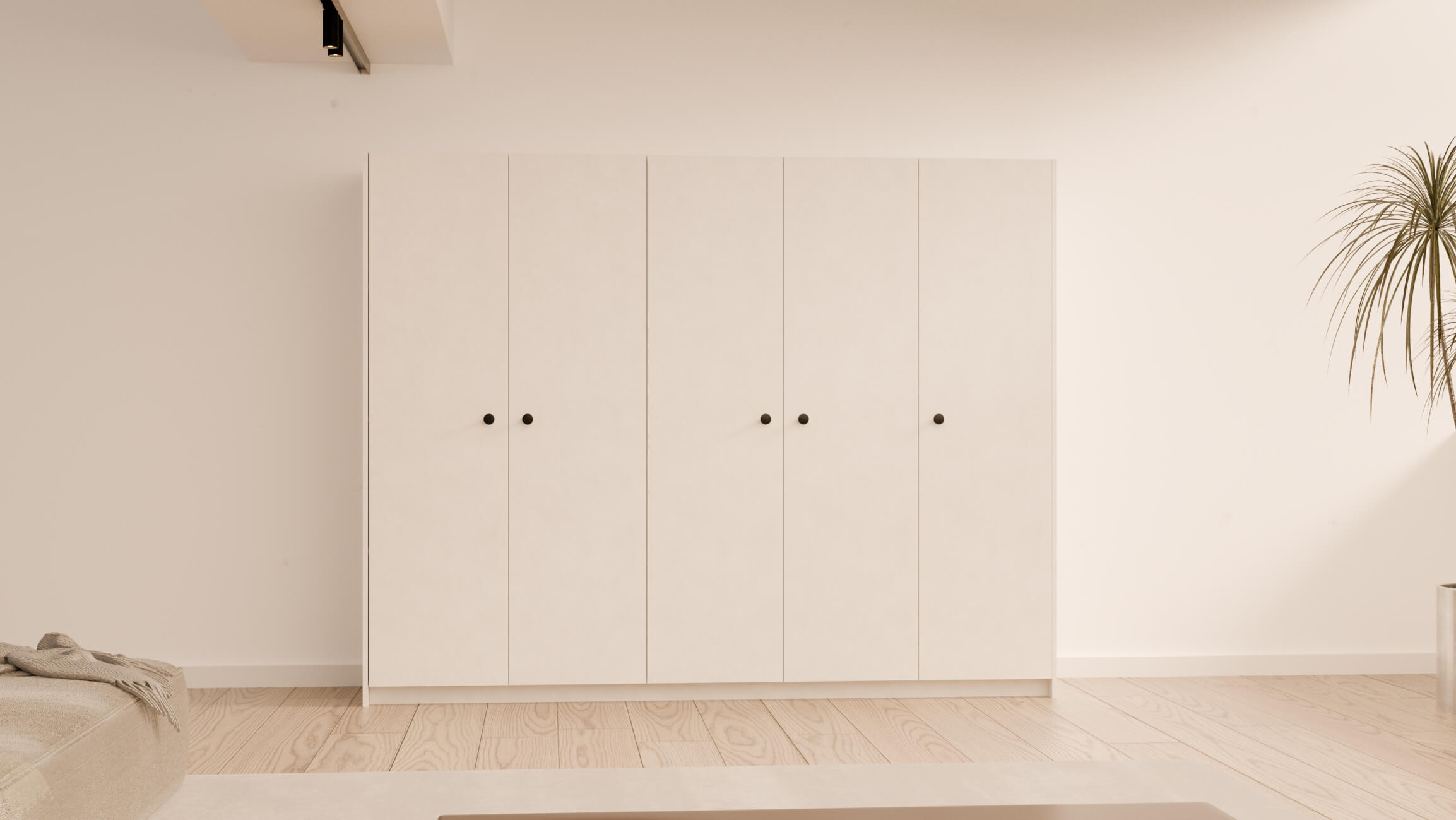 Kledingkast Baily in wit, stijlvol geplaatst aan de muur in een strak interieur