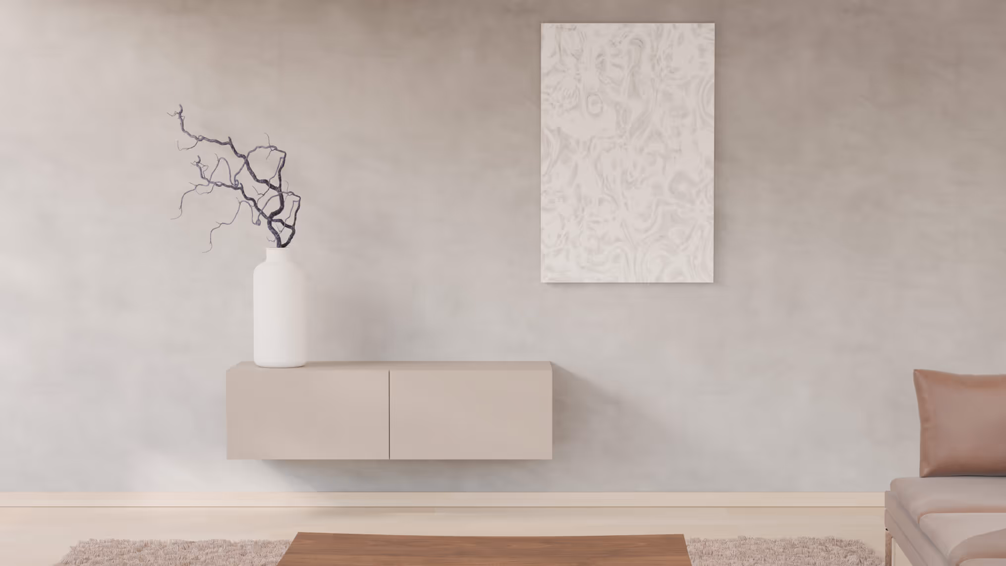 Tv-meubel Carlo in taupekleur, gemonteerd aan de muur in een modern interieur