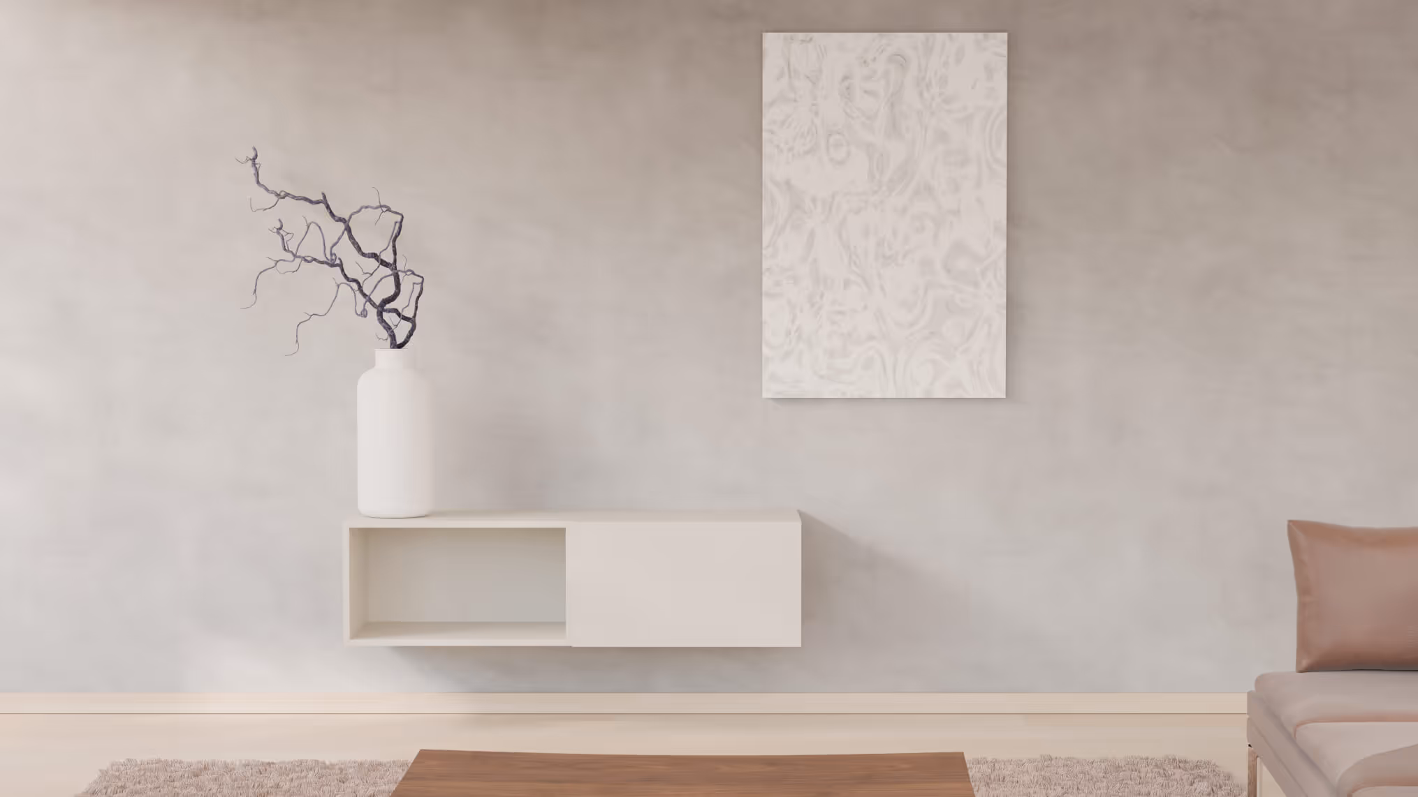 Tv-meubel Florian in wit, gemonteerd aan de muur in een modern interieur