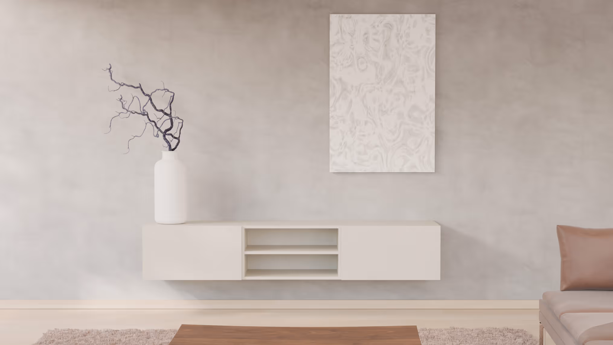 Tv-meubel Rosa in wit, gemonteerd aan de muur in een modern interieur