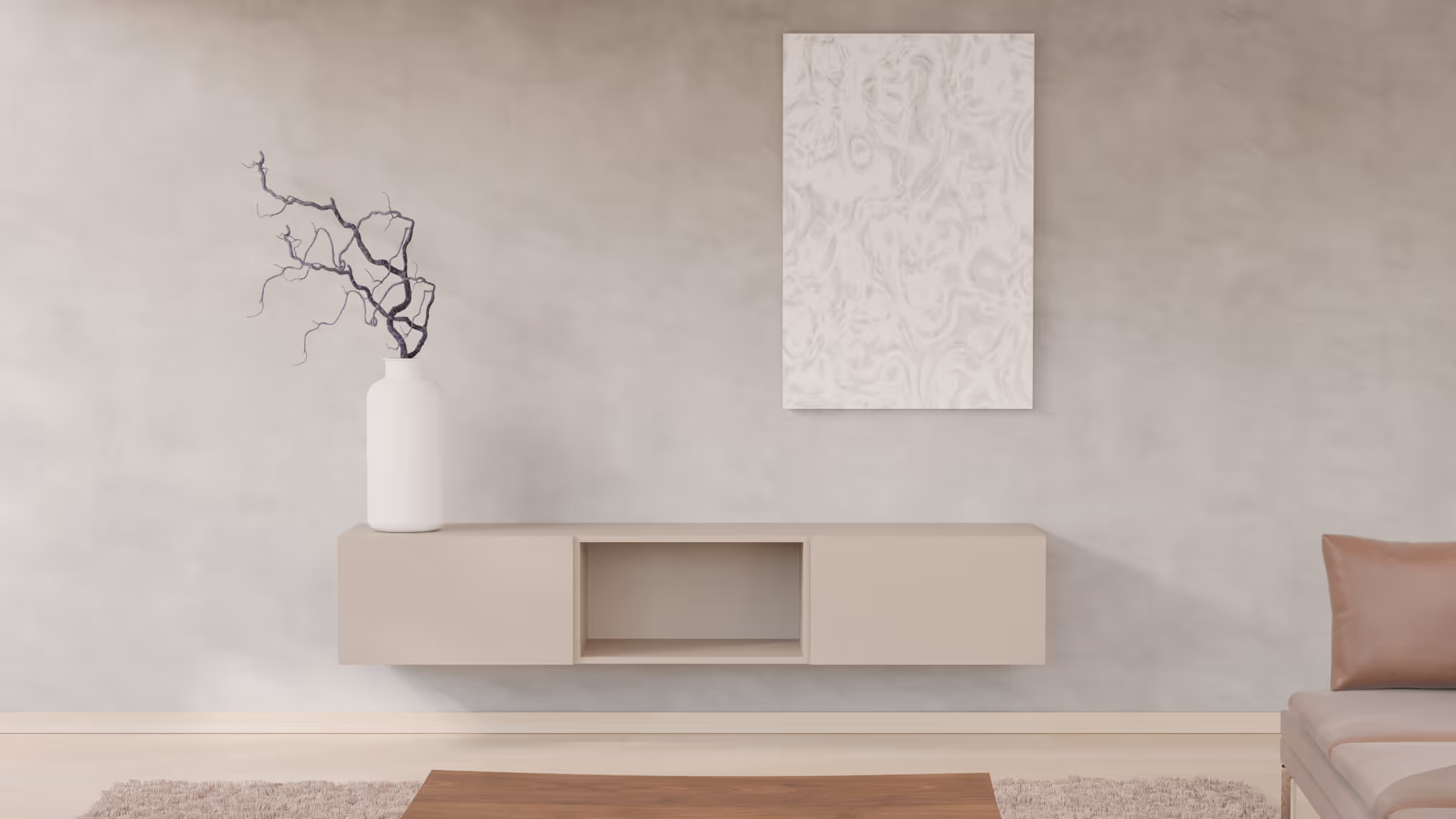 Tv-meubel Femke in taupekleur, gemonteerd aan de muur in een modern interieur