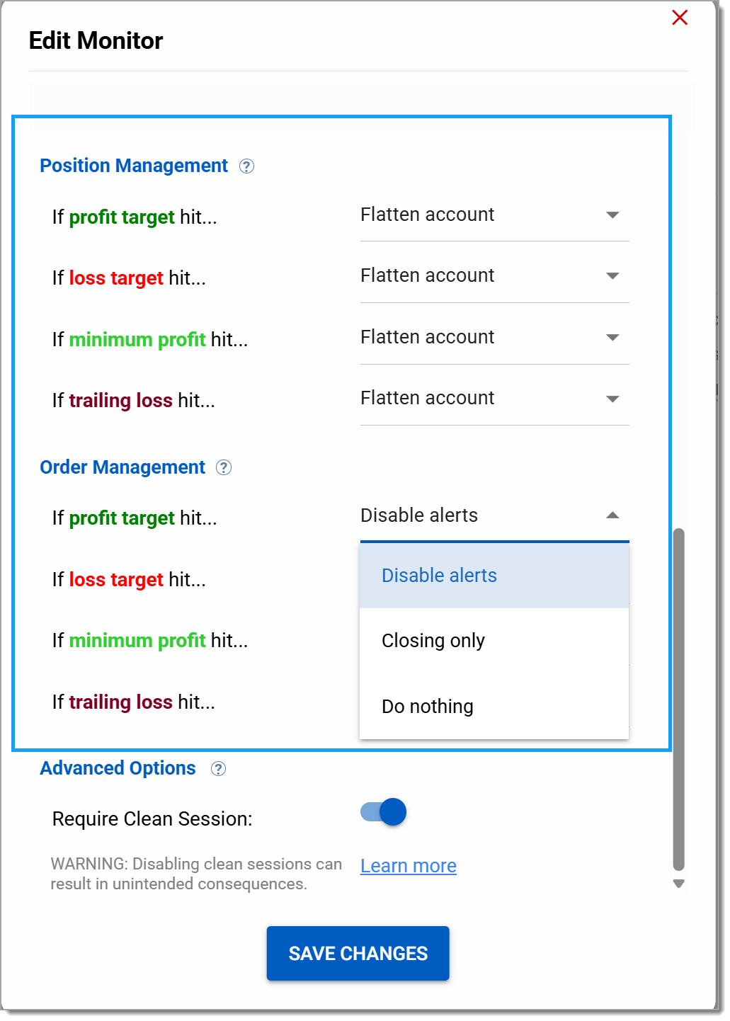 position and order management controls