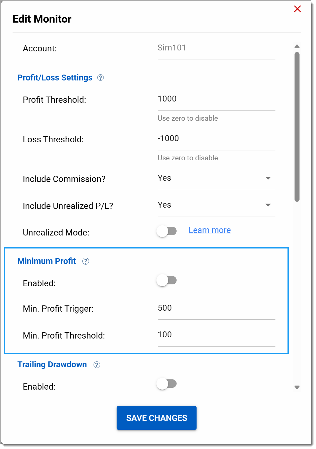minimum profit threshold for monitored account