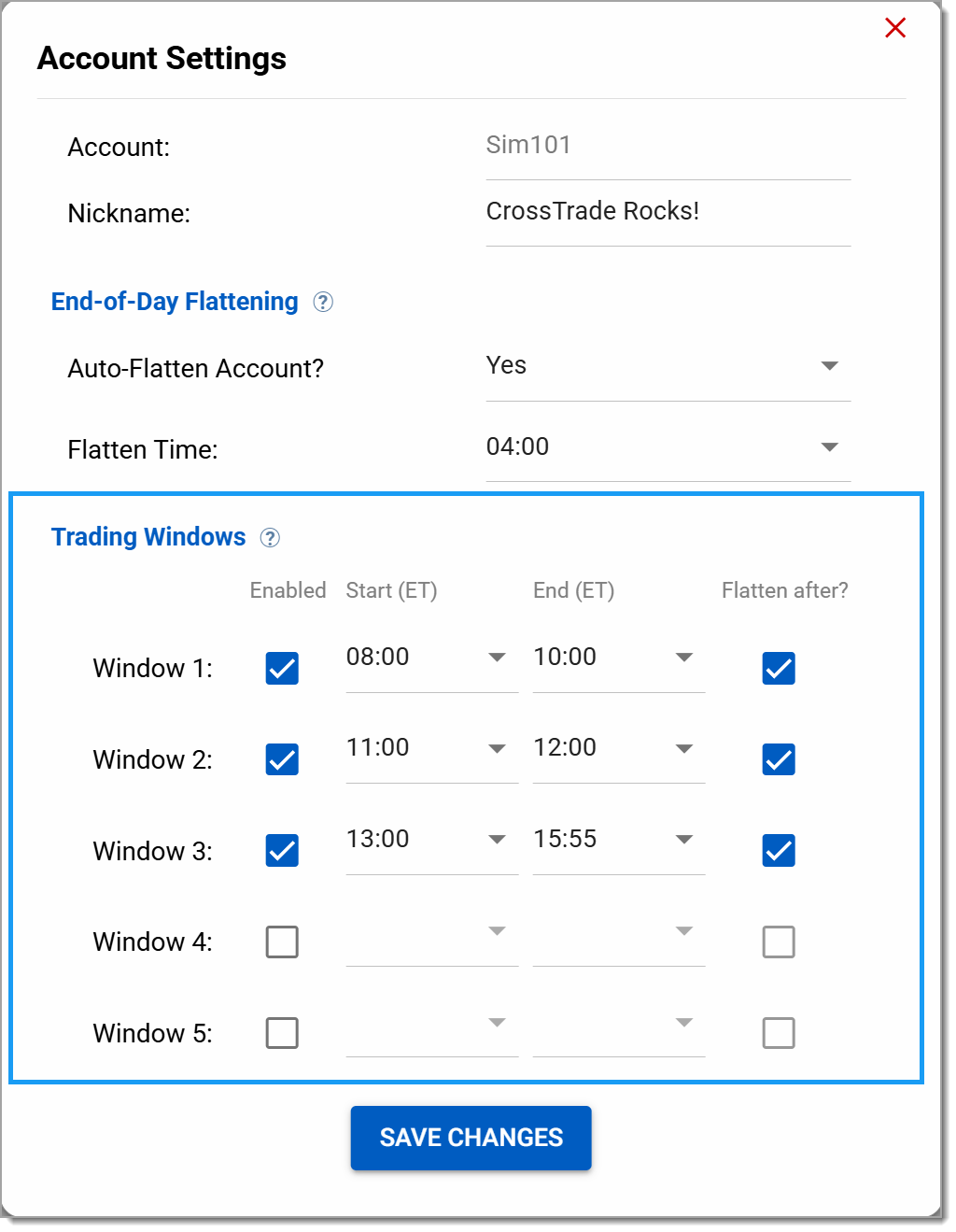 multiple custom trading time windows