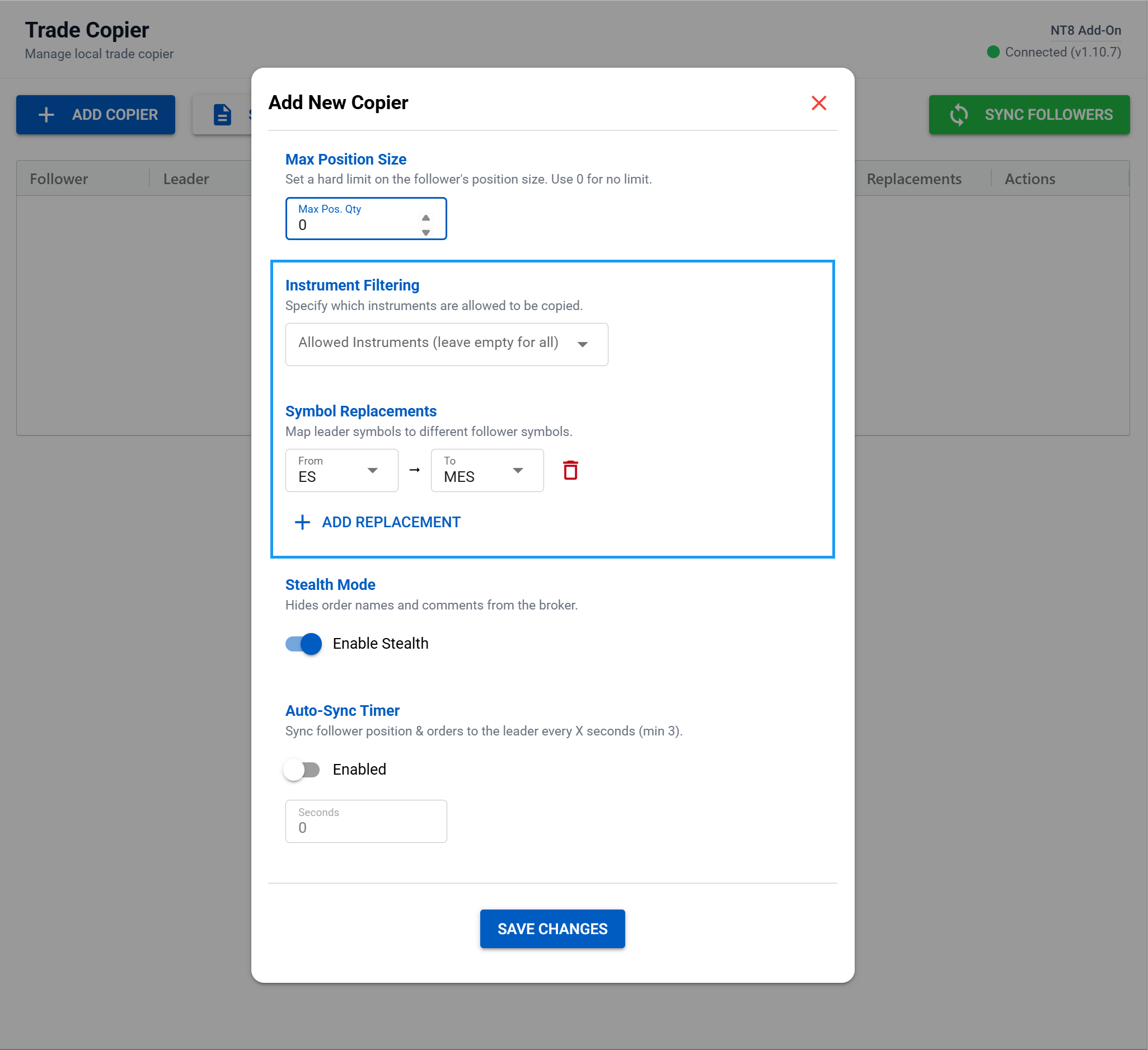 filtering and instrument replacement settings