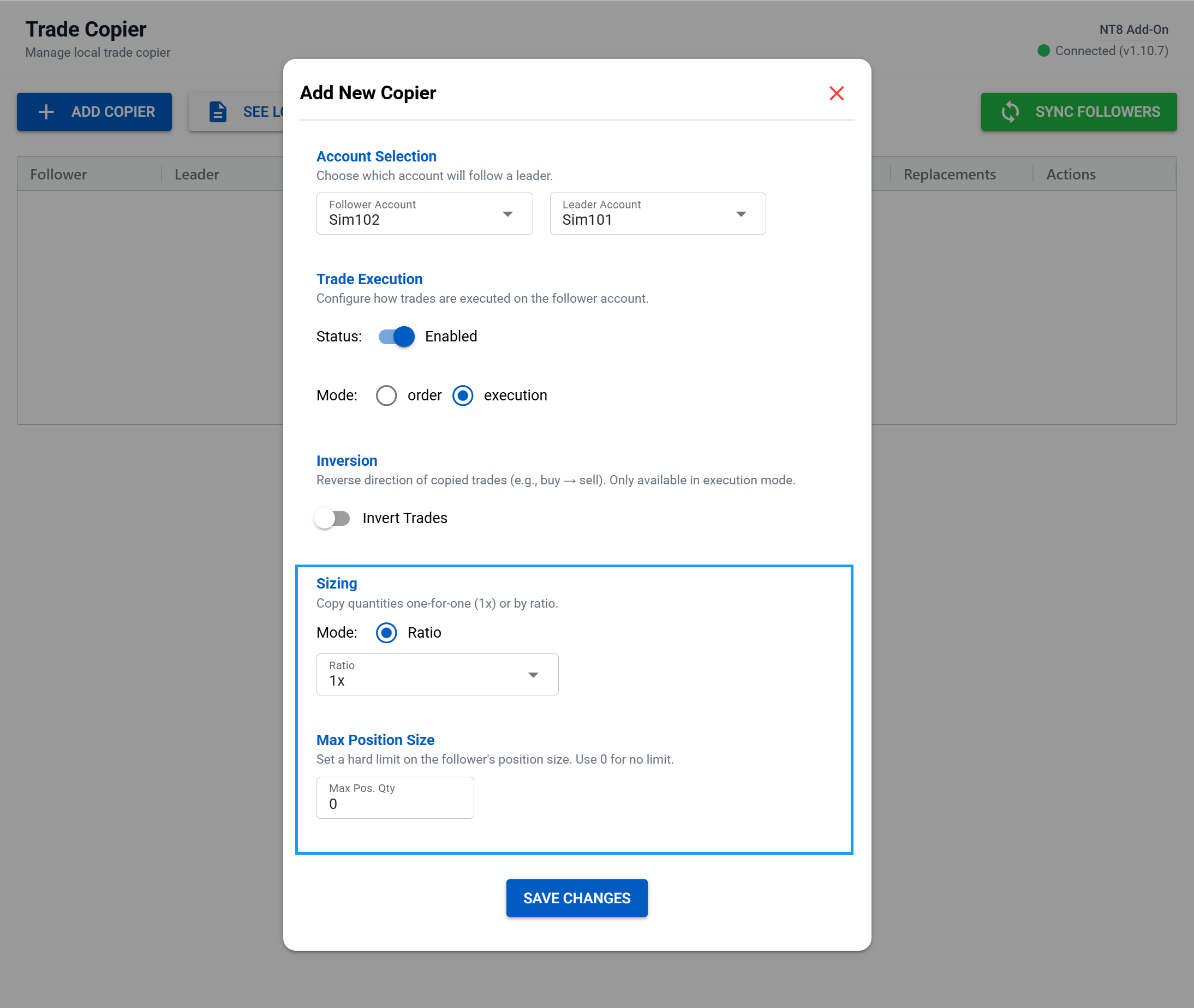 position trade control settings