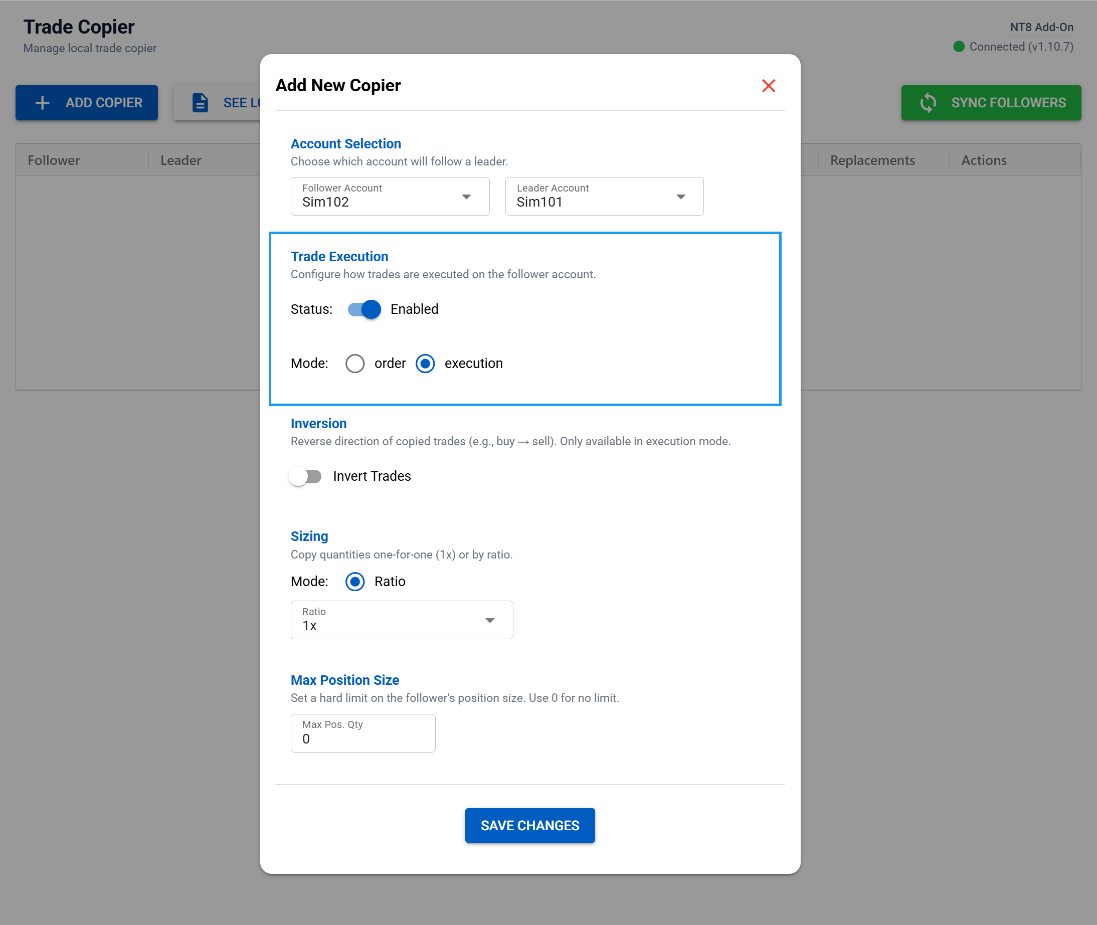 trade execution setting