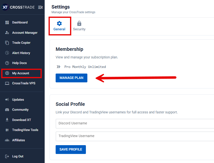 manage plan button in my account