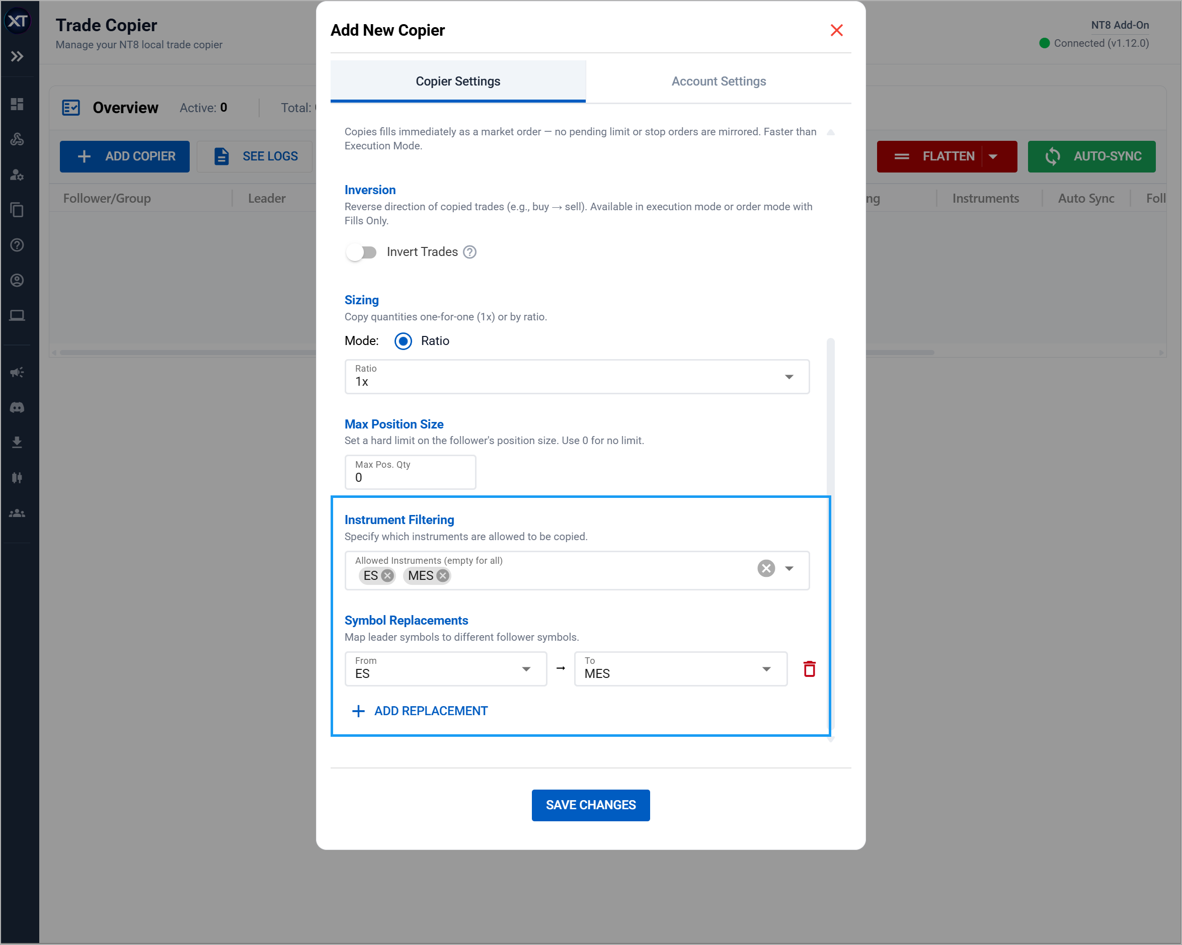 filtering and instrument replacement settings
