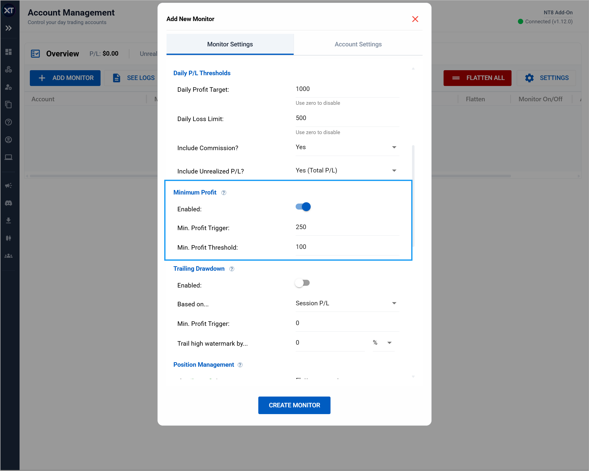 minimum profit threshold for monitored account