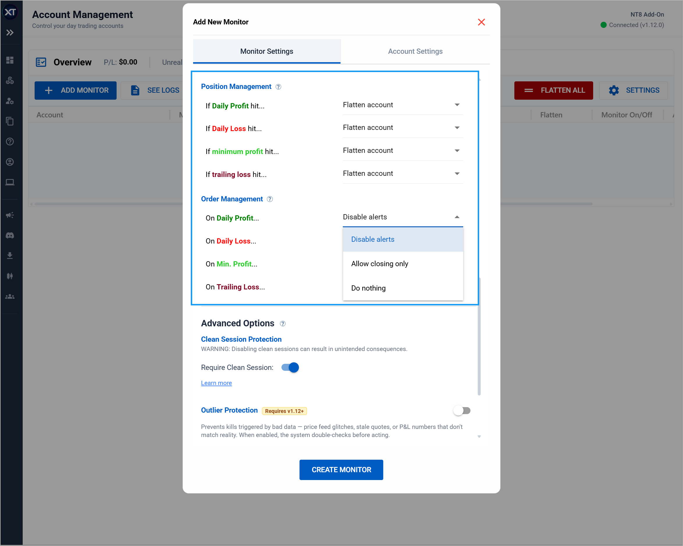 position and order management controls
