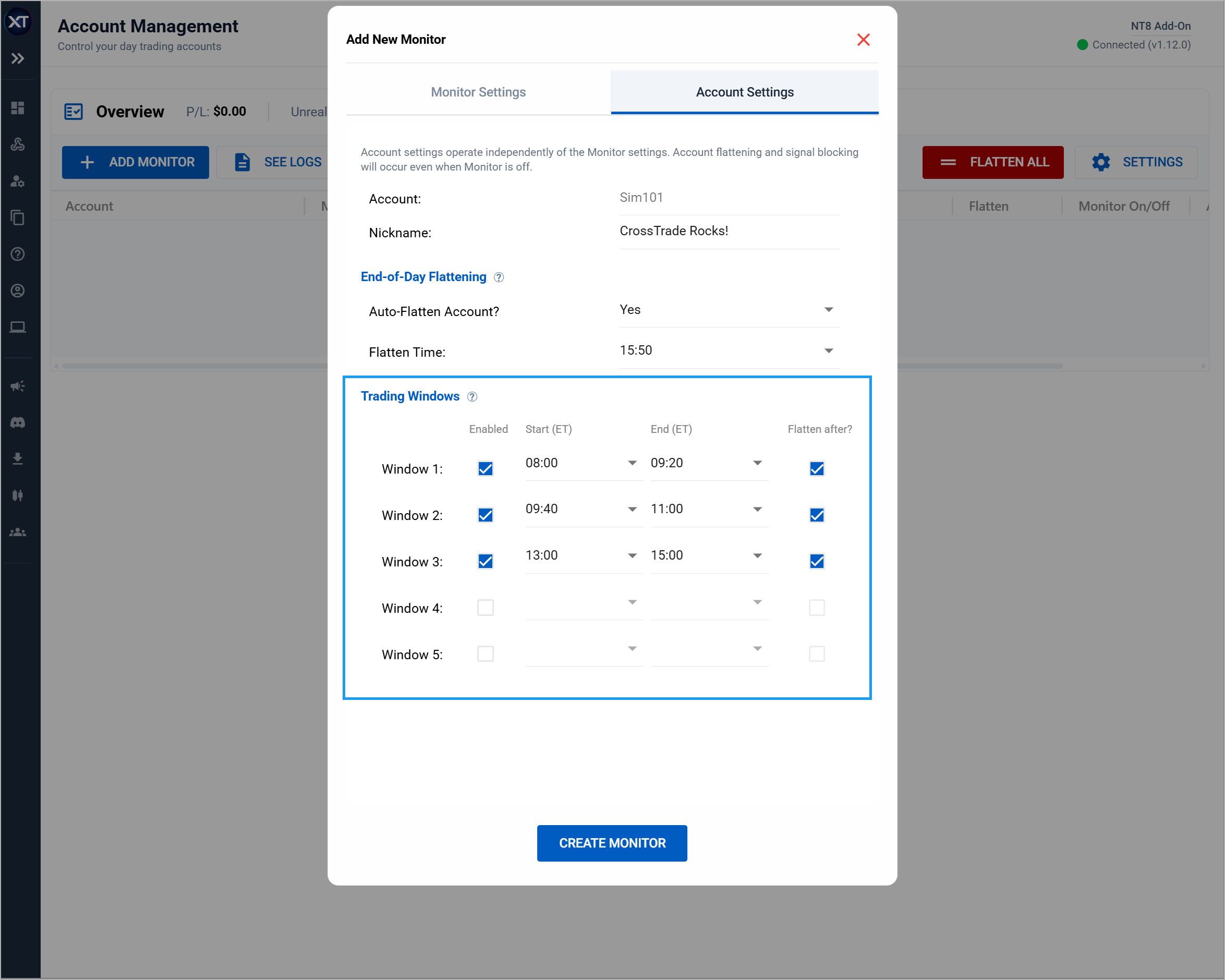multiple custom trading time windows