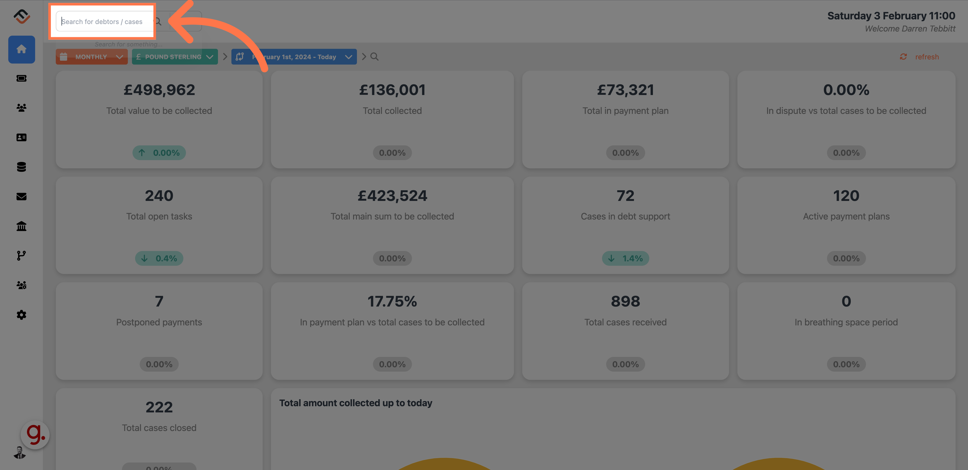 Click 'Search for debtors / cases / invoices / case numbers'