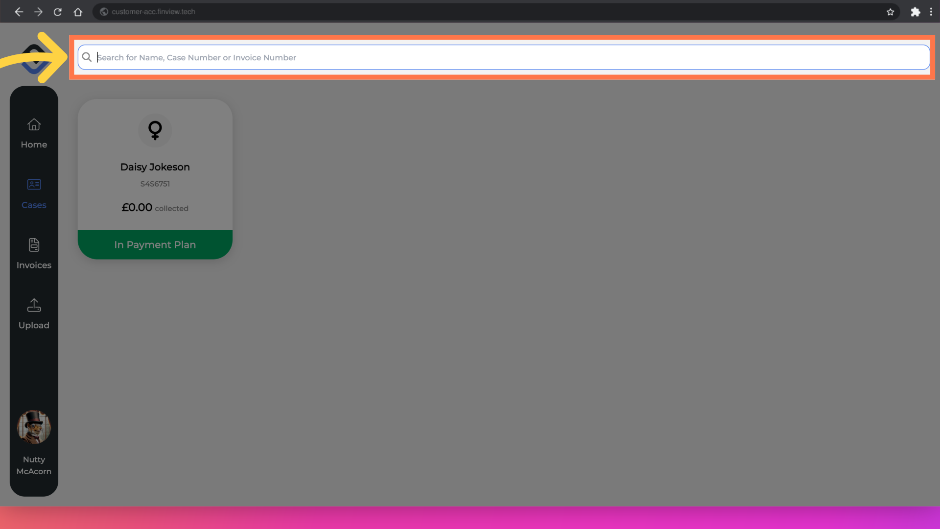 Click 'Search for Name, Case Number or Invoice Number'