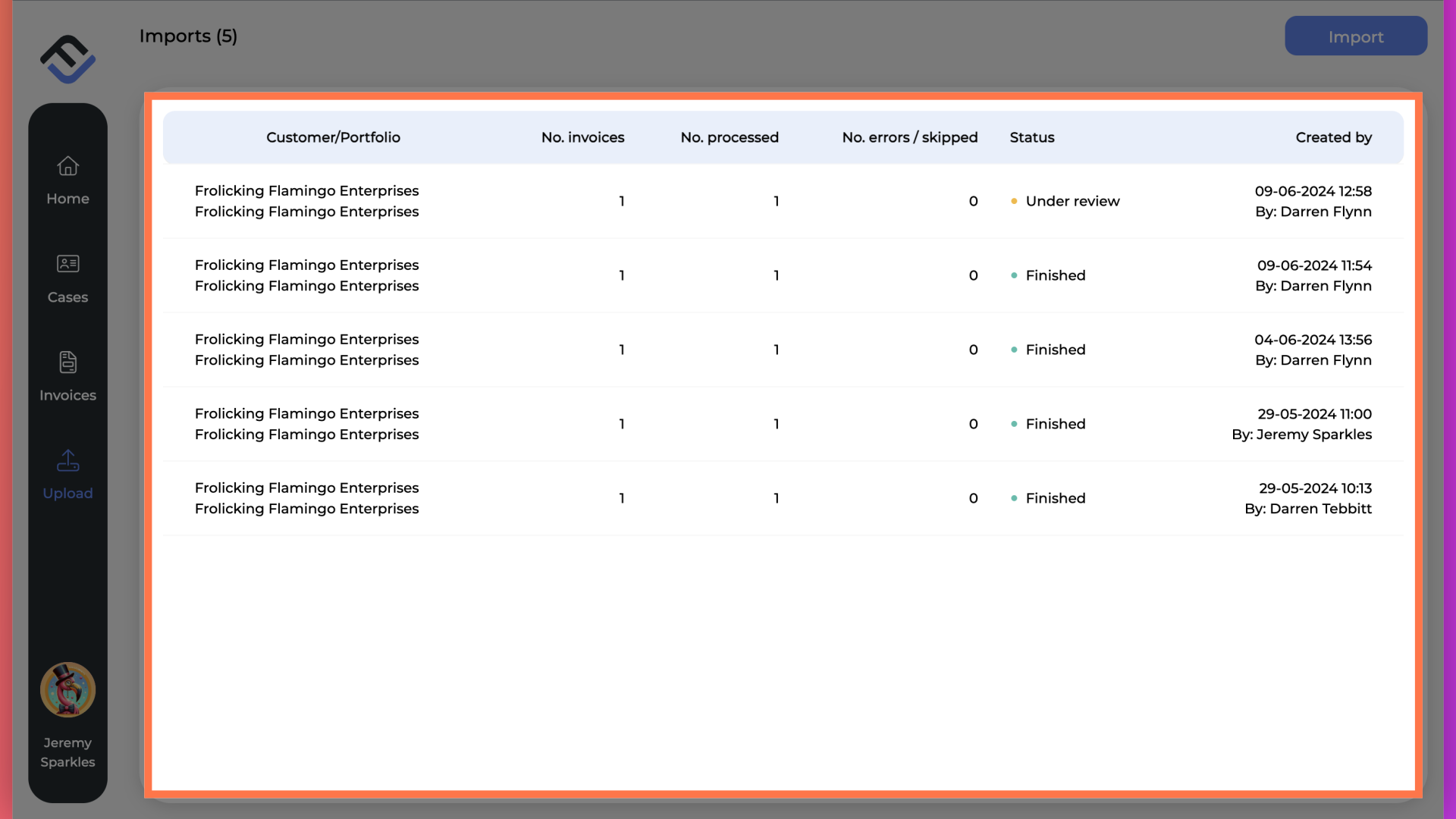 List of invoices