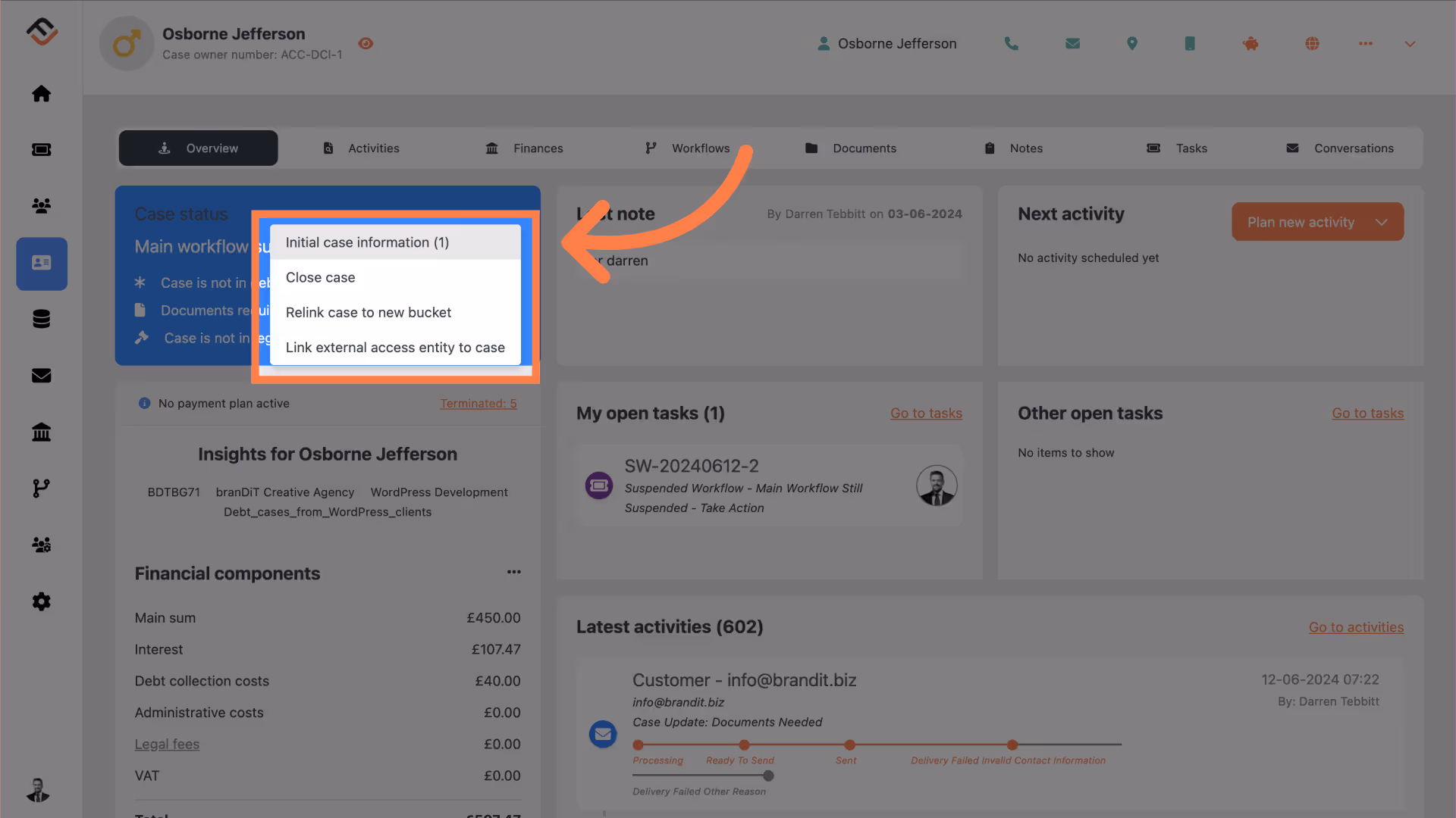 Click 'Initial case information'
