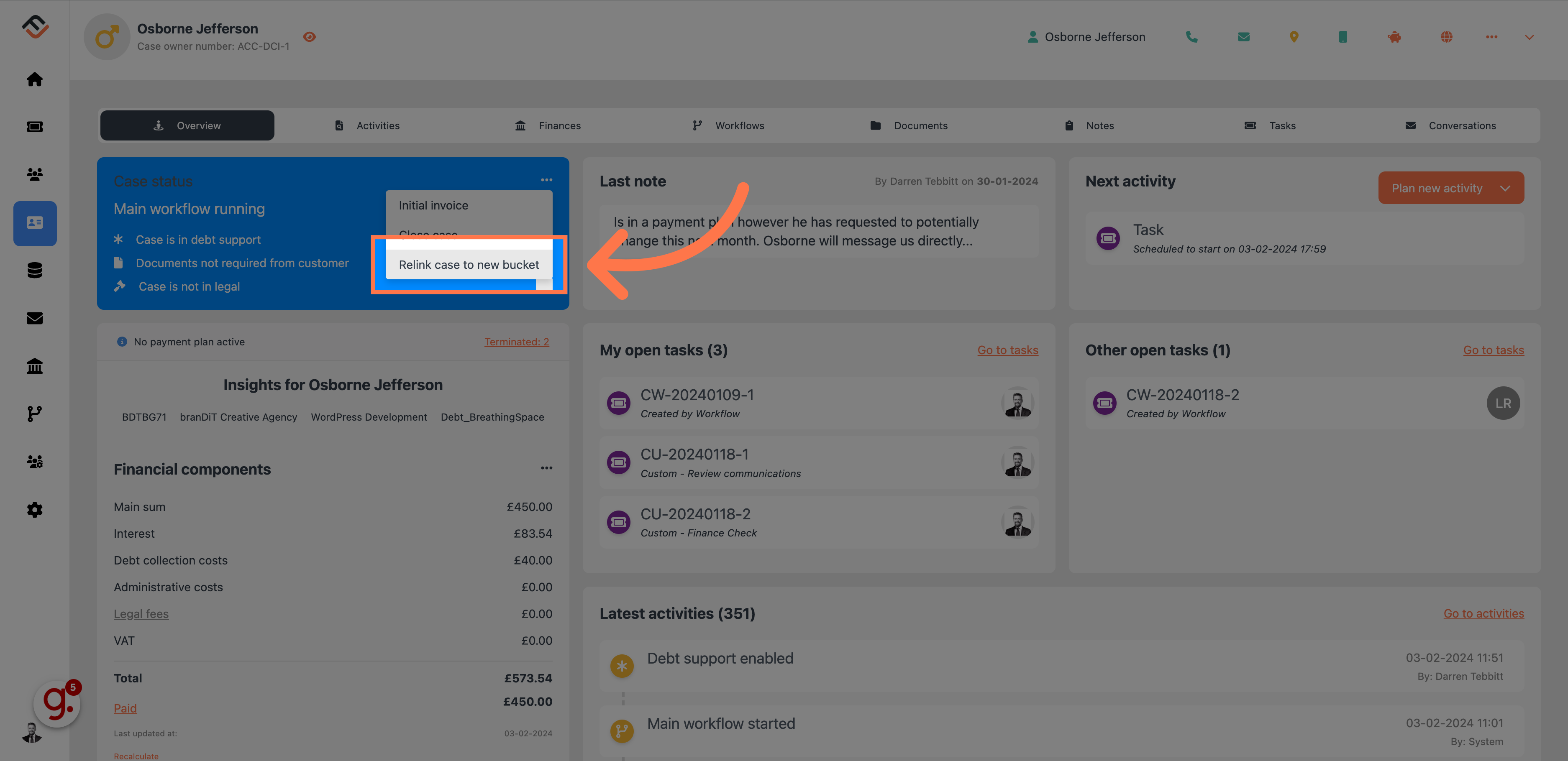 Select 'Relink case to new bucket'