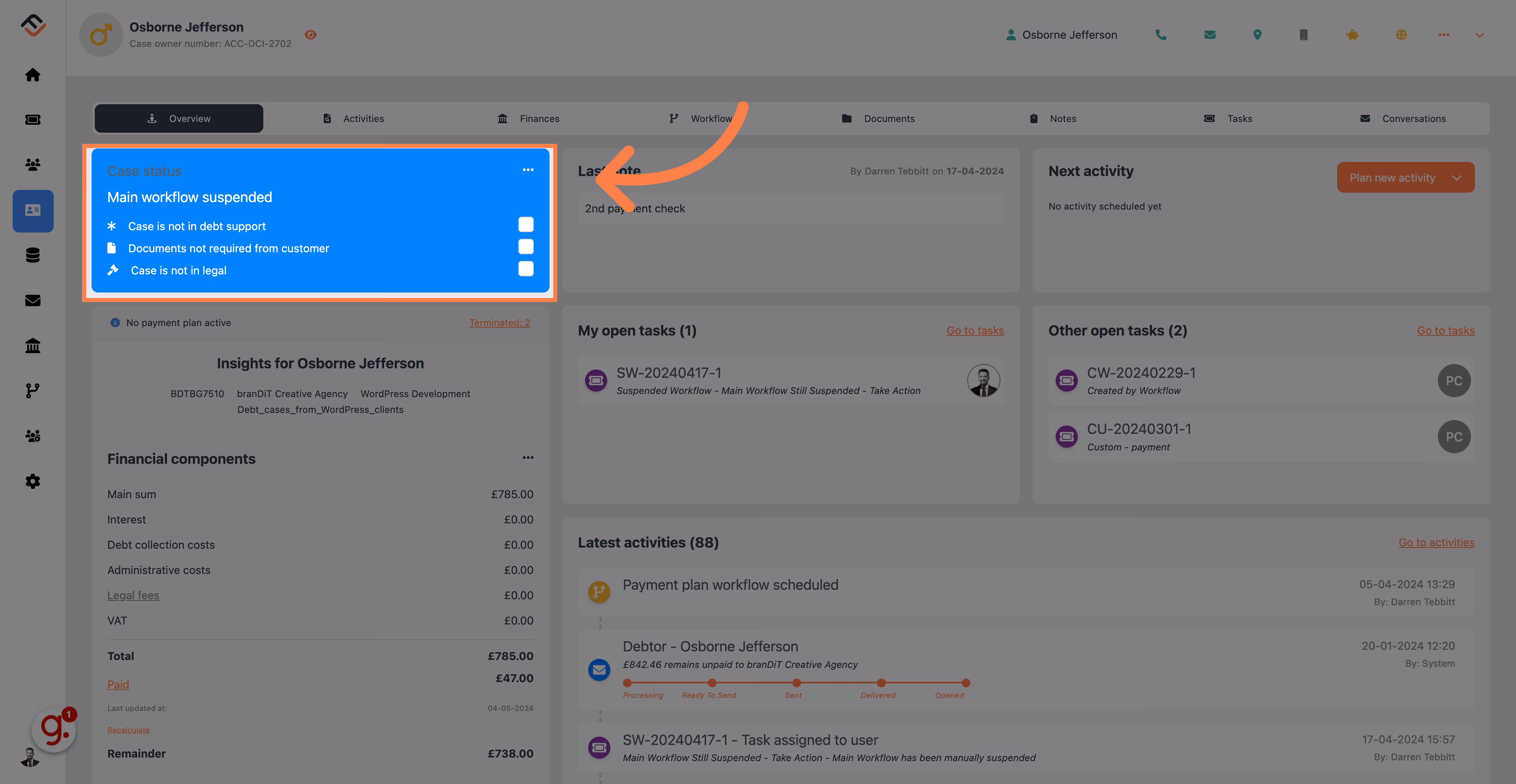 Navigate to the case status box.