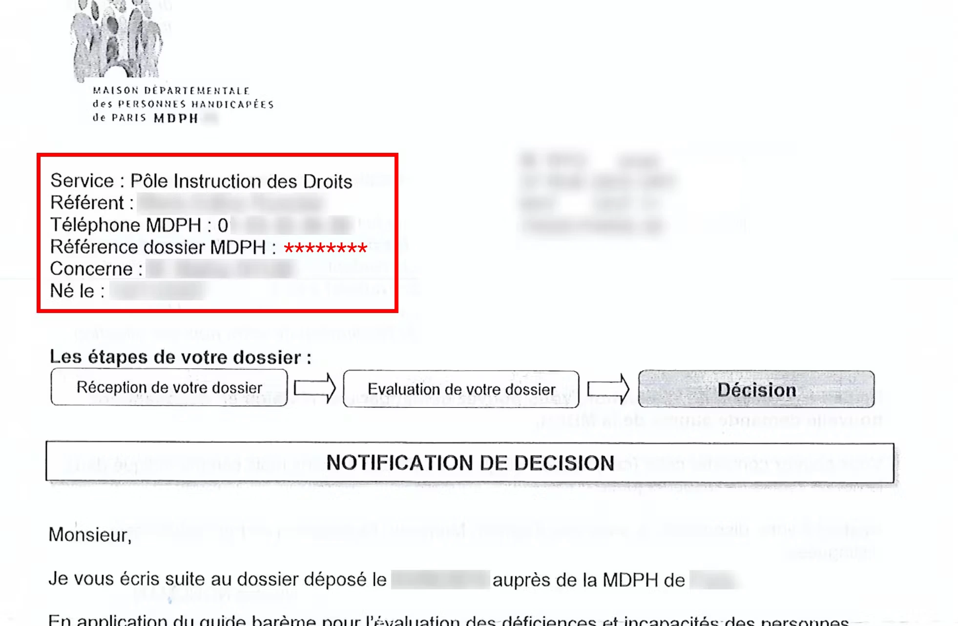 lettre mdph avec numéro dossier