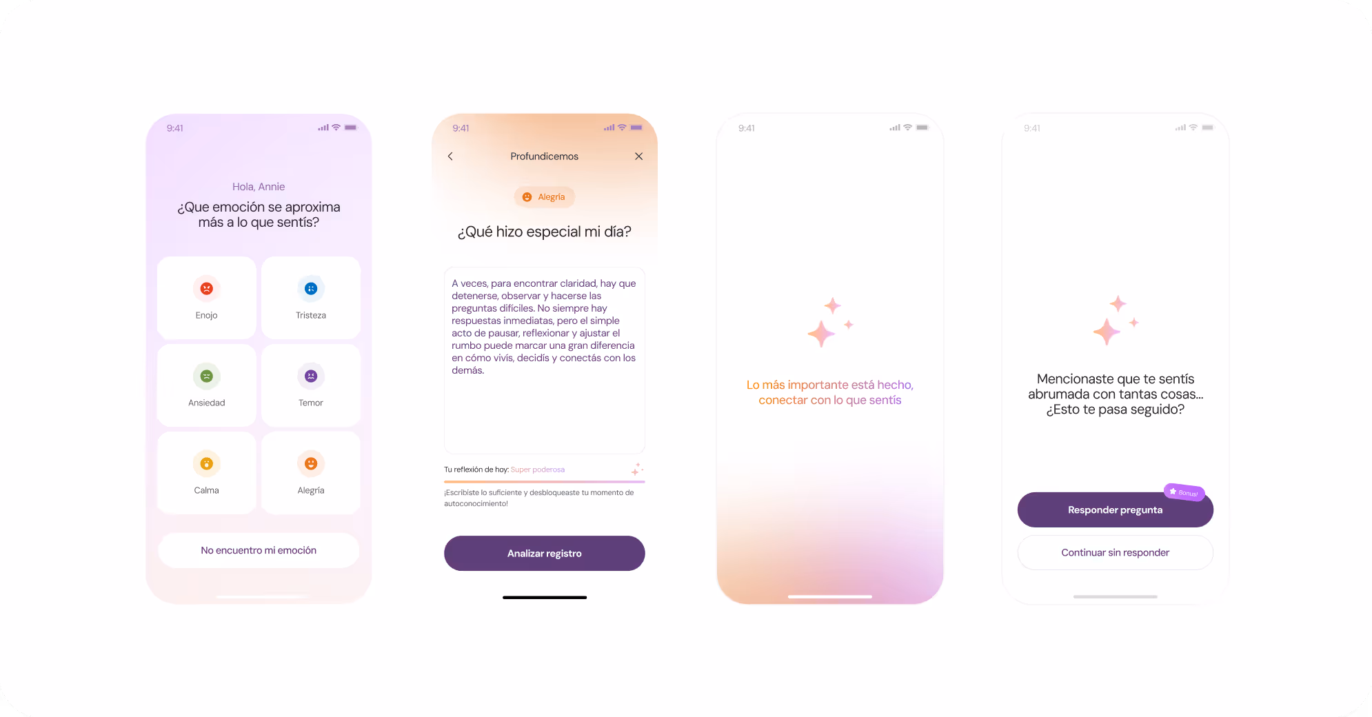 Series of screens from an emotional wellbeing app that guides users to identify their emotions, reflect on their day, and deepen self-awareness through guided questions and journaling.