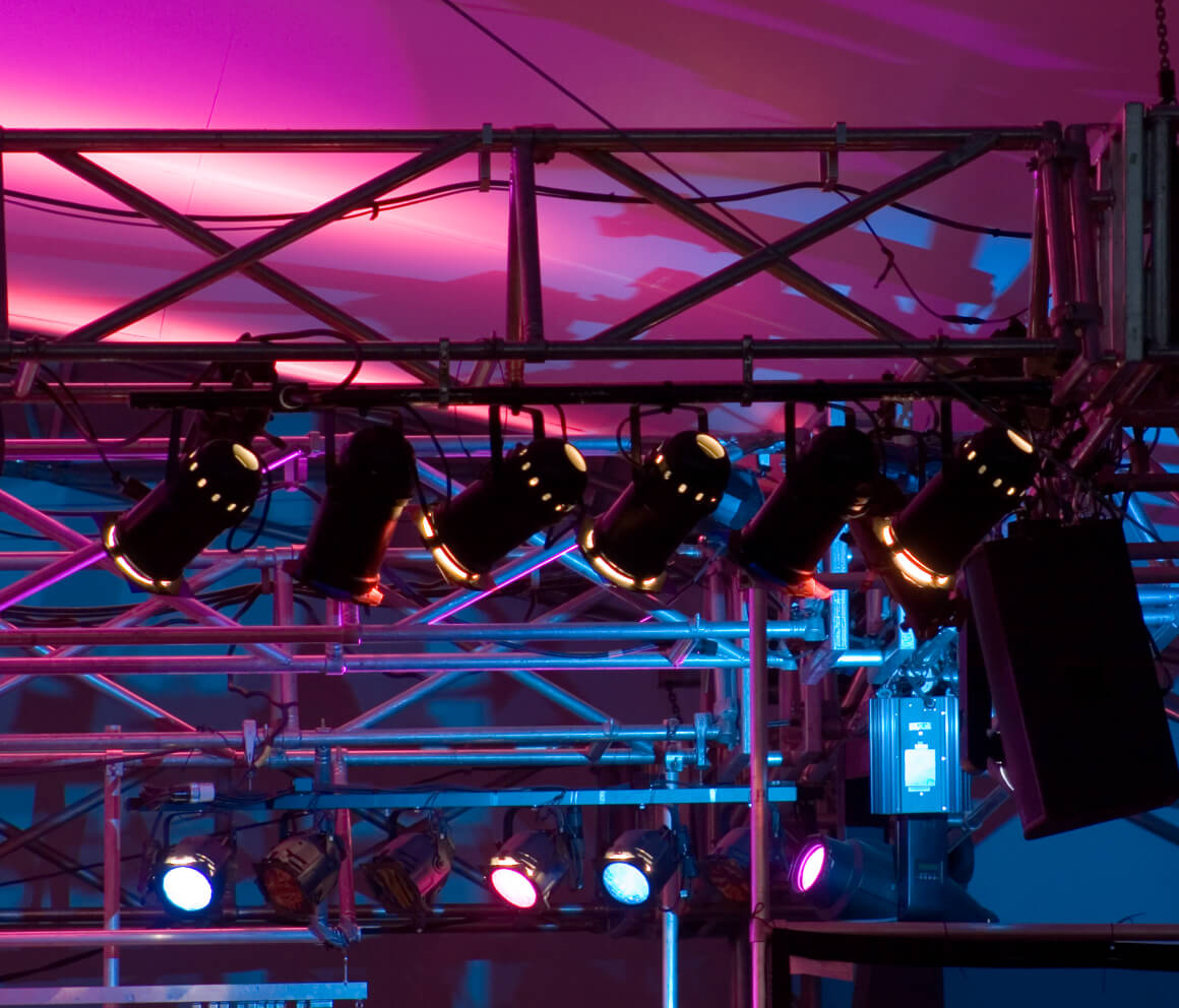 The lights of an empty venue before a music event starts