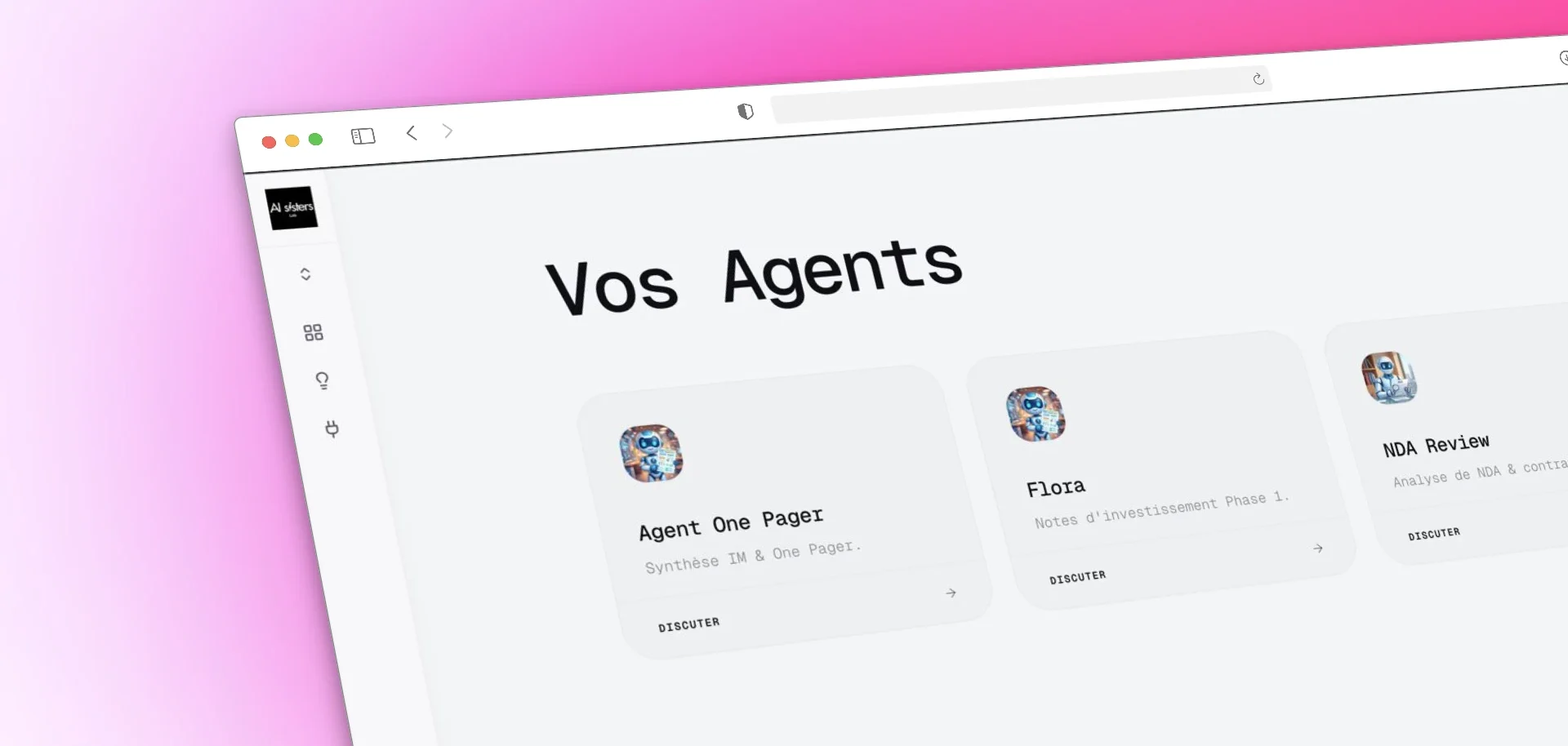 Plateforme AI Sisters : tableau de bord Vos Agents avec les agents IA créés par les équipes