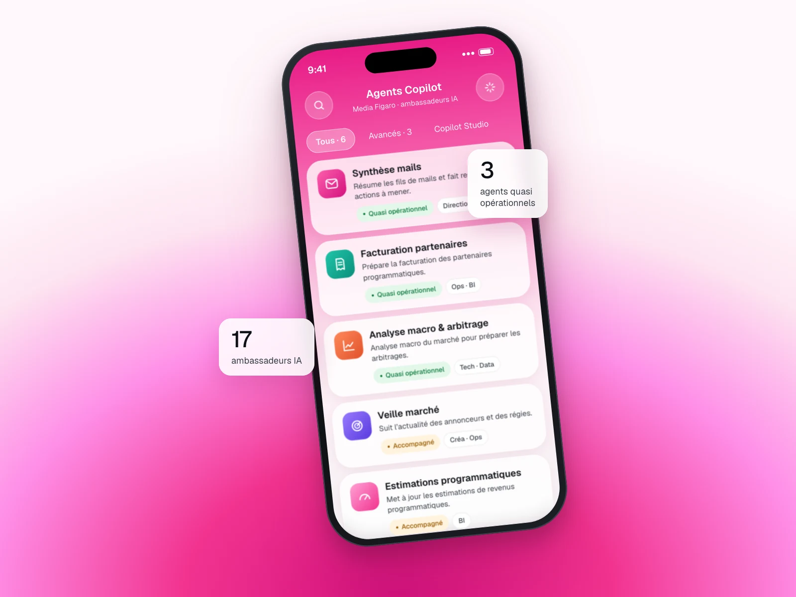 Maquette mobile listant les agents Copilot créés par les ambassadeurs IA de Media Figaro