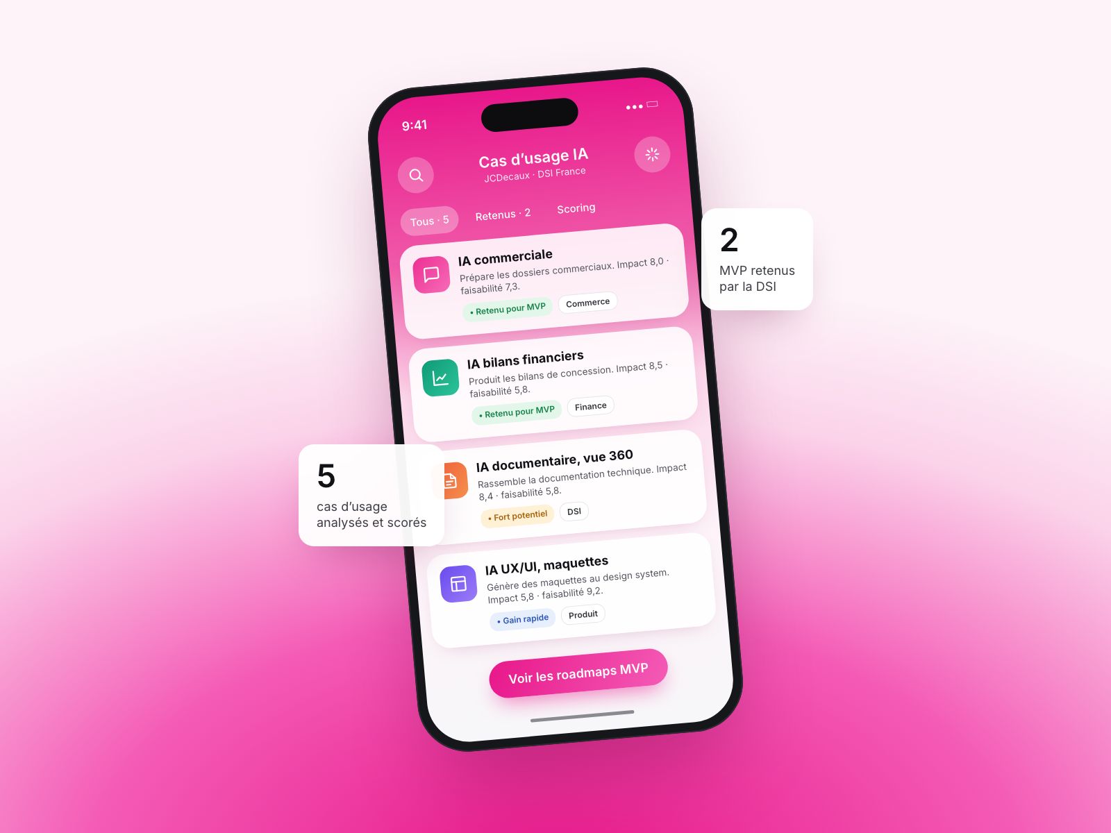 Maquette mobile des cinq cas d’usage IA scorés pour la DSI France de JCDecaux, dont deux retenus pour un MVP