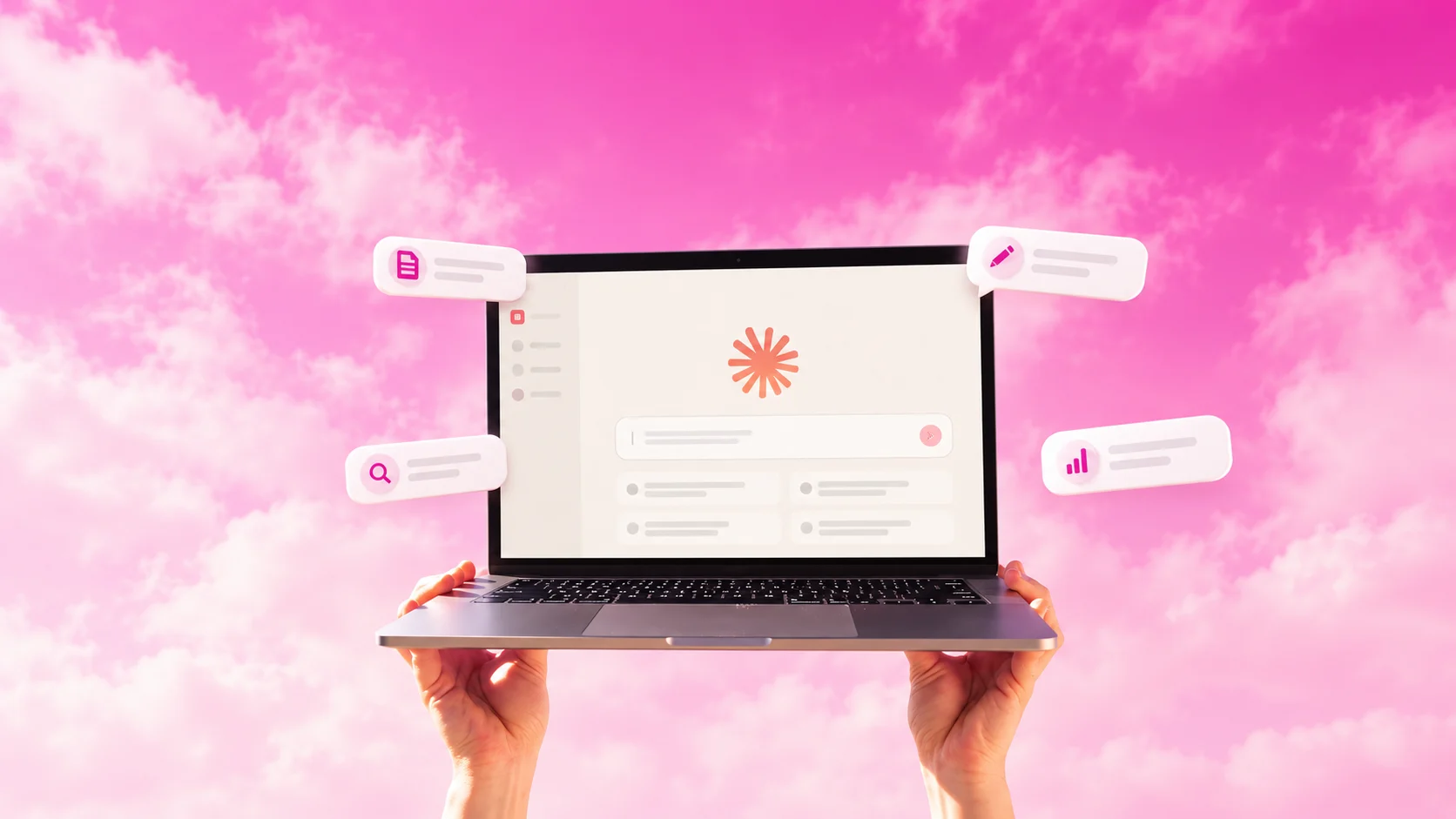 Deux mains tiennent un ordinateur portable ouvert sur l'interface de Claude, avec des bulles de skills qui sortent de l'écran, sur un ciel rose