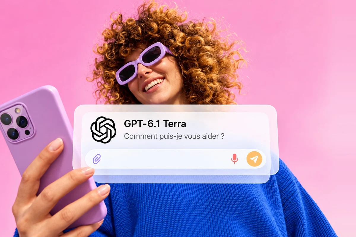 Femme souriante tenant un smartphone, avec la fenêtre de chat GPT-6.1 Terra