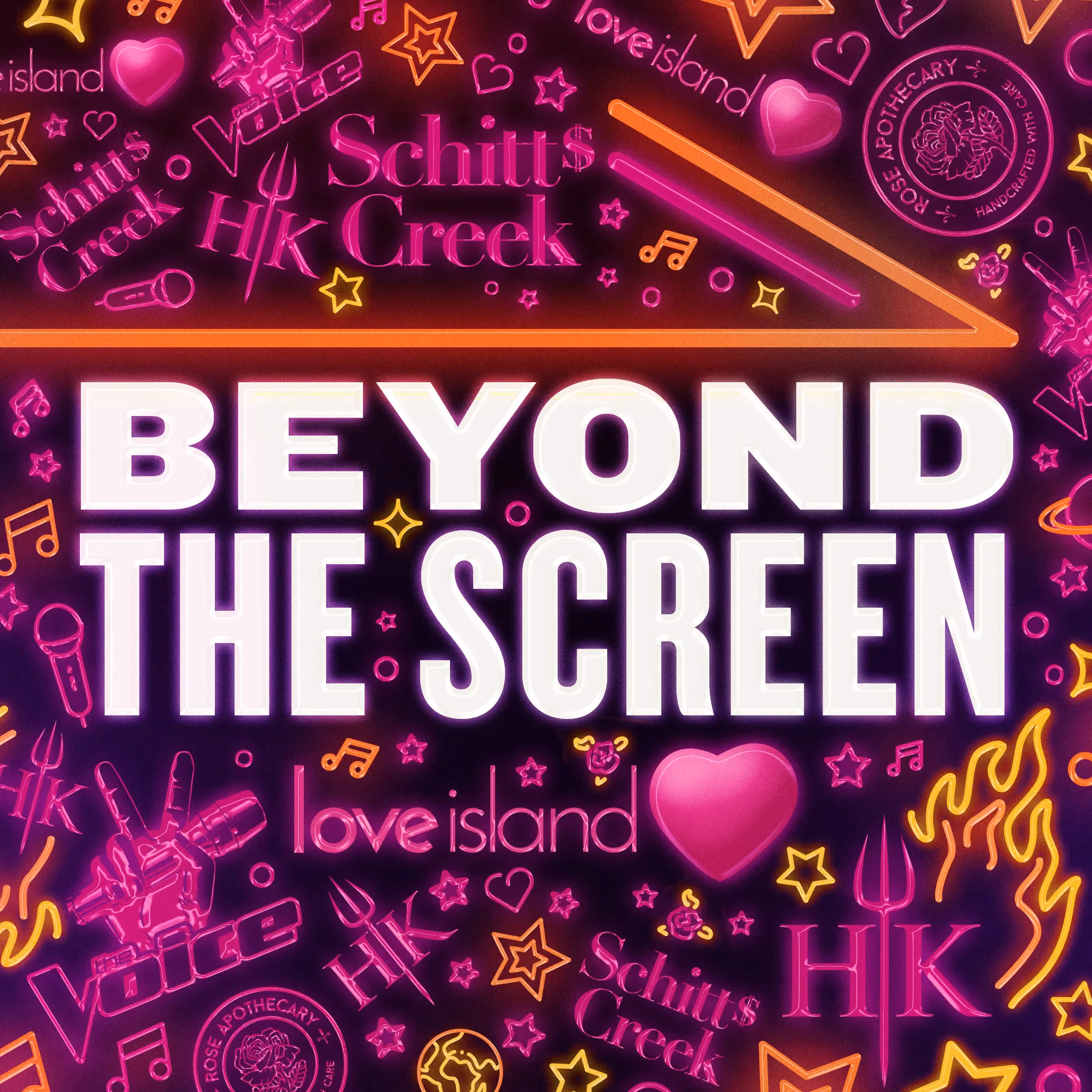 The text ‘Beyond the Screen’ is surrounded by neon signs featuring the titles of ITV Studios productions and related icons.