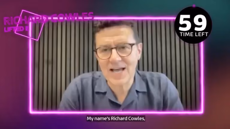 Man with glasses speaking inside neon pink frame with countdown timer showing 59 seconds left.