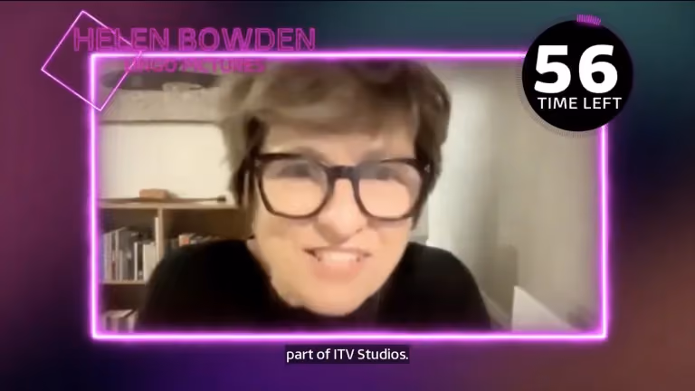 Woman with short hair and glasses speaking in video frame with timer showing 56 seconds left.