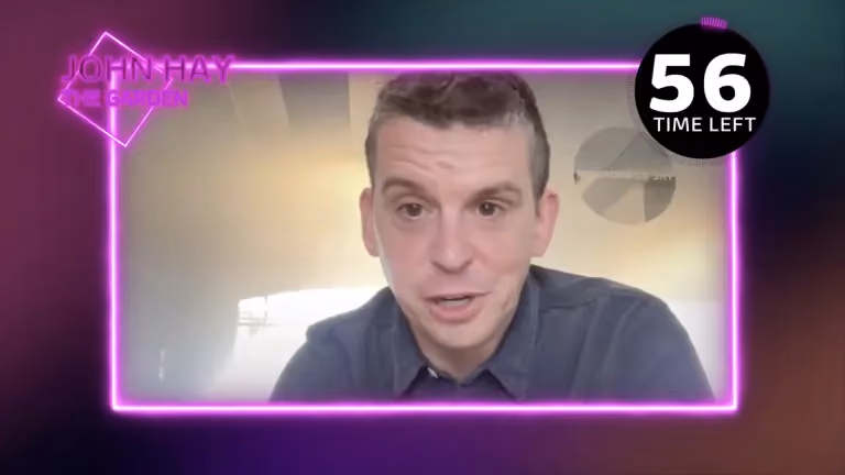 Man speaking in a video call with neon border and timer showing 56 seconds left.