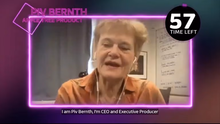 Woman with short hair wearing earphones speaks with neon pink border and timer showing 57 seconds left.