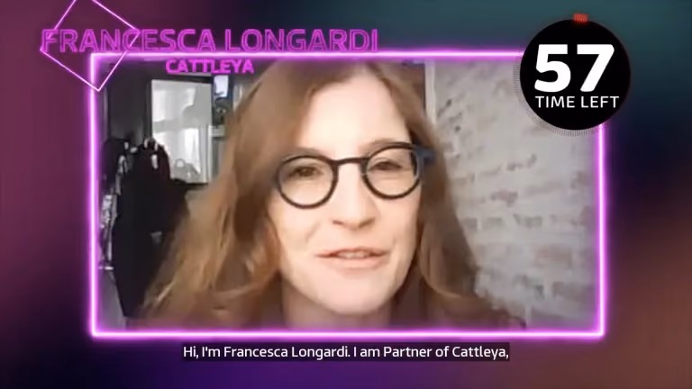 Woman with glasses speaking in a video frame with name Francesca Longardi and a 57-second timer.