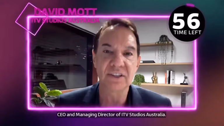 A man identified as David Mott, CEO of ITV Studios Australia, speaking in an office setting with a timer at 56 seconds.