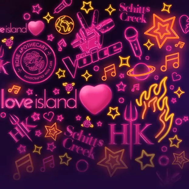 Neon signs of show logos like Love Island, The Voice, Schitt's Creek, and Hell's Kitchen with stars and music notes.