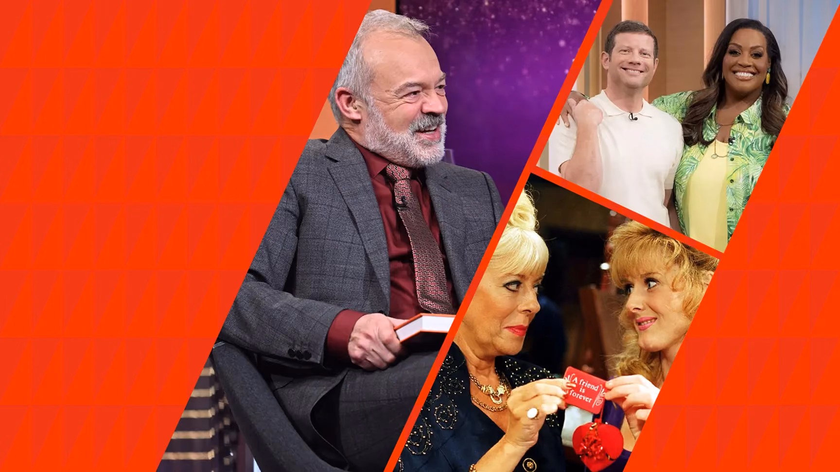 Collage with a man in a suit smiling and two women exchanging a 'friend is forever' token.