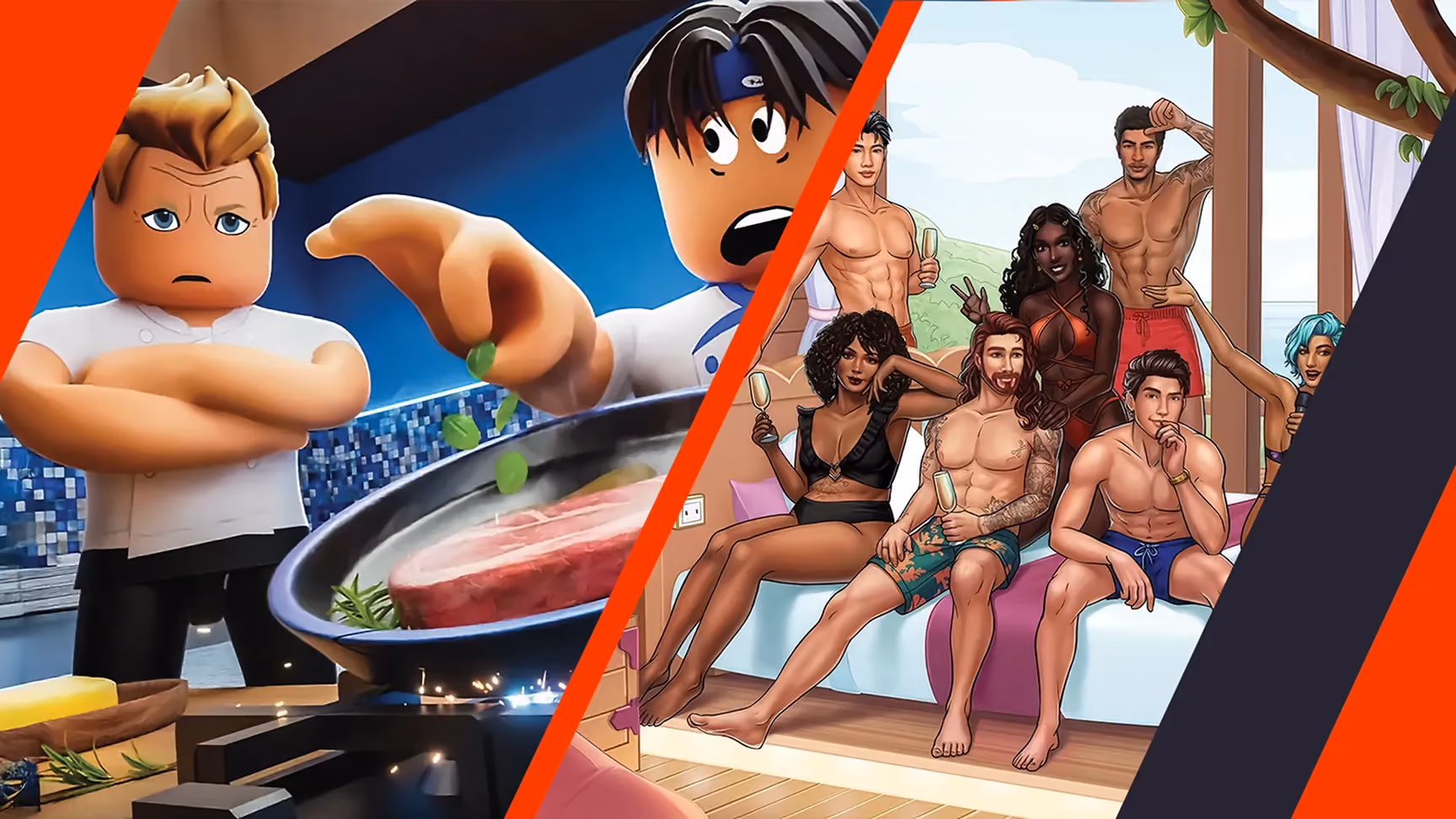 Cartoon chefs cooking steak on left; group of diverse people relaxing indoors on right.