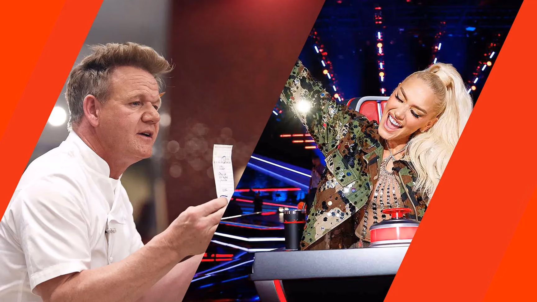 Chef Gordon Ramsay reading a note and Gwen Stefani enthusiastically pressing a buzzer on a TV show set.