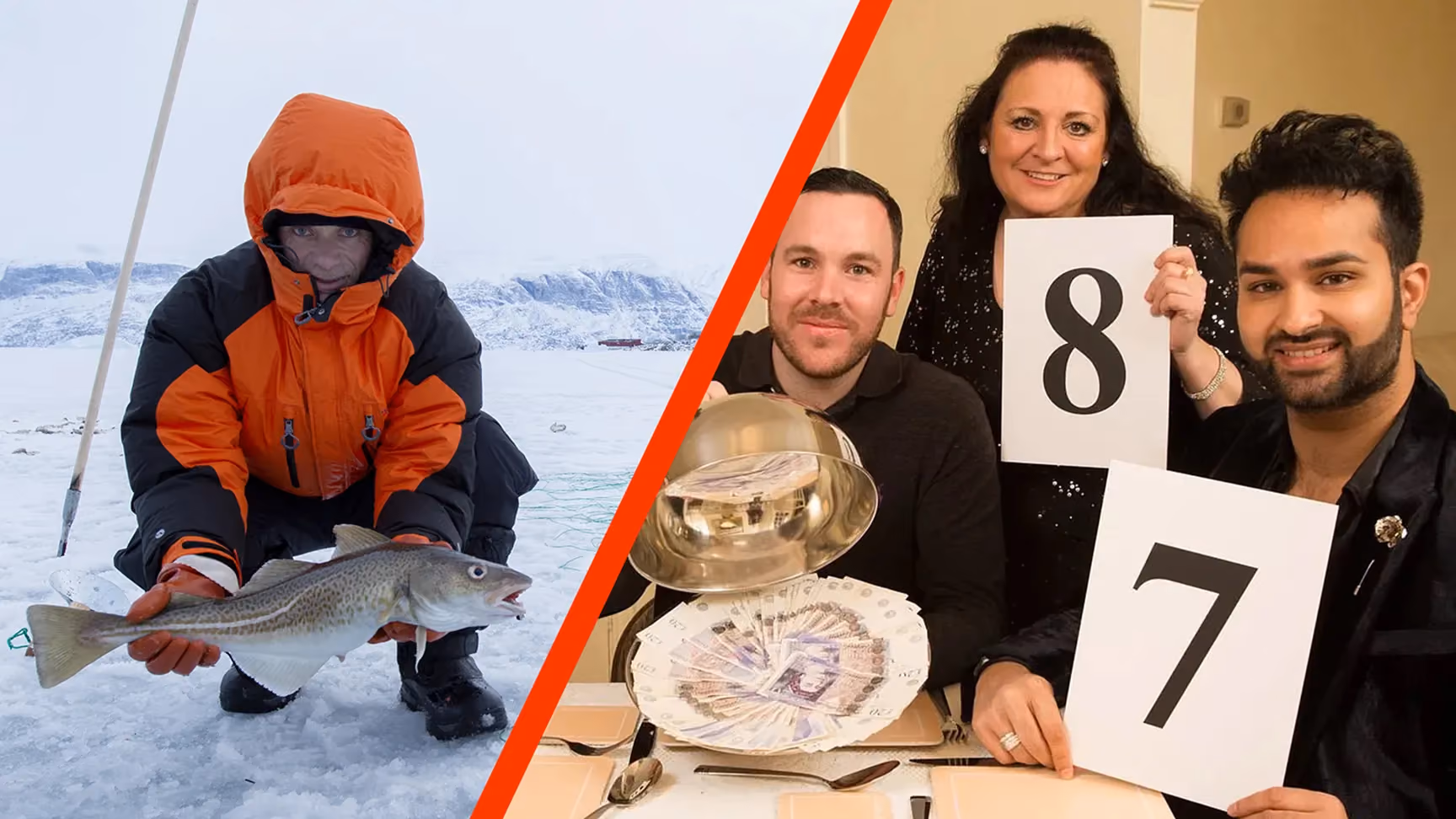 Left: person in orange winter gear holds a fish on snow; right: three people hold number cards 8 and 7.