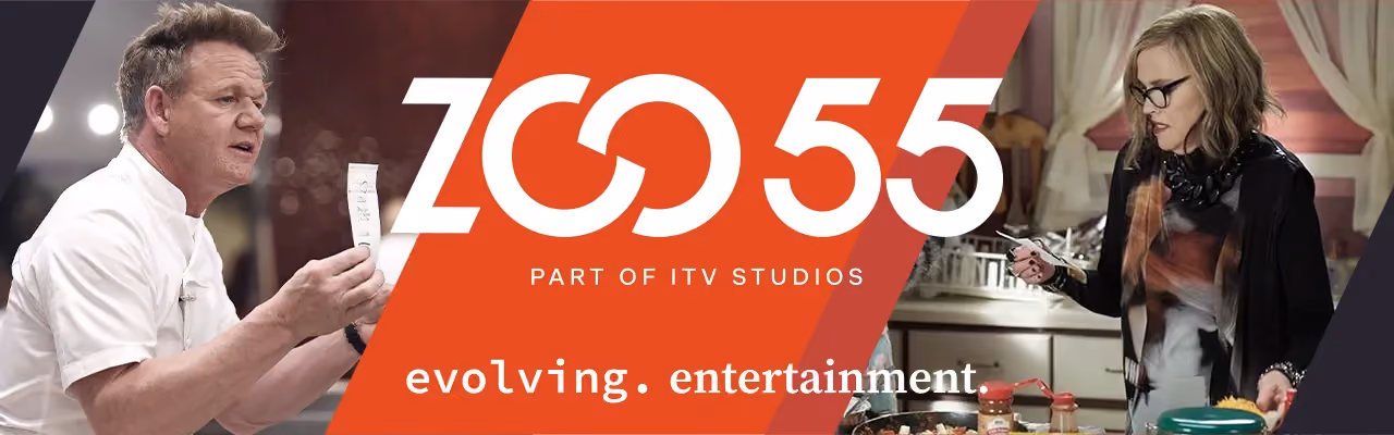 Chef Gordon Ramsay and a woman cooking, with 'ZOO 55 part of ITV studios evolving entertainment' text.