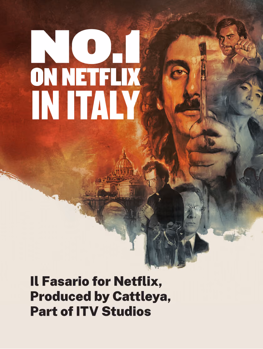 Poster for Il Fasario on Netflix Italy, showing dramatic characters and Rome's skyline in warm tones.