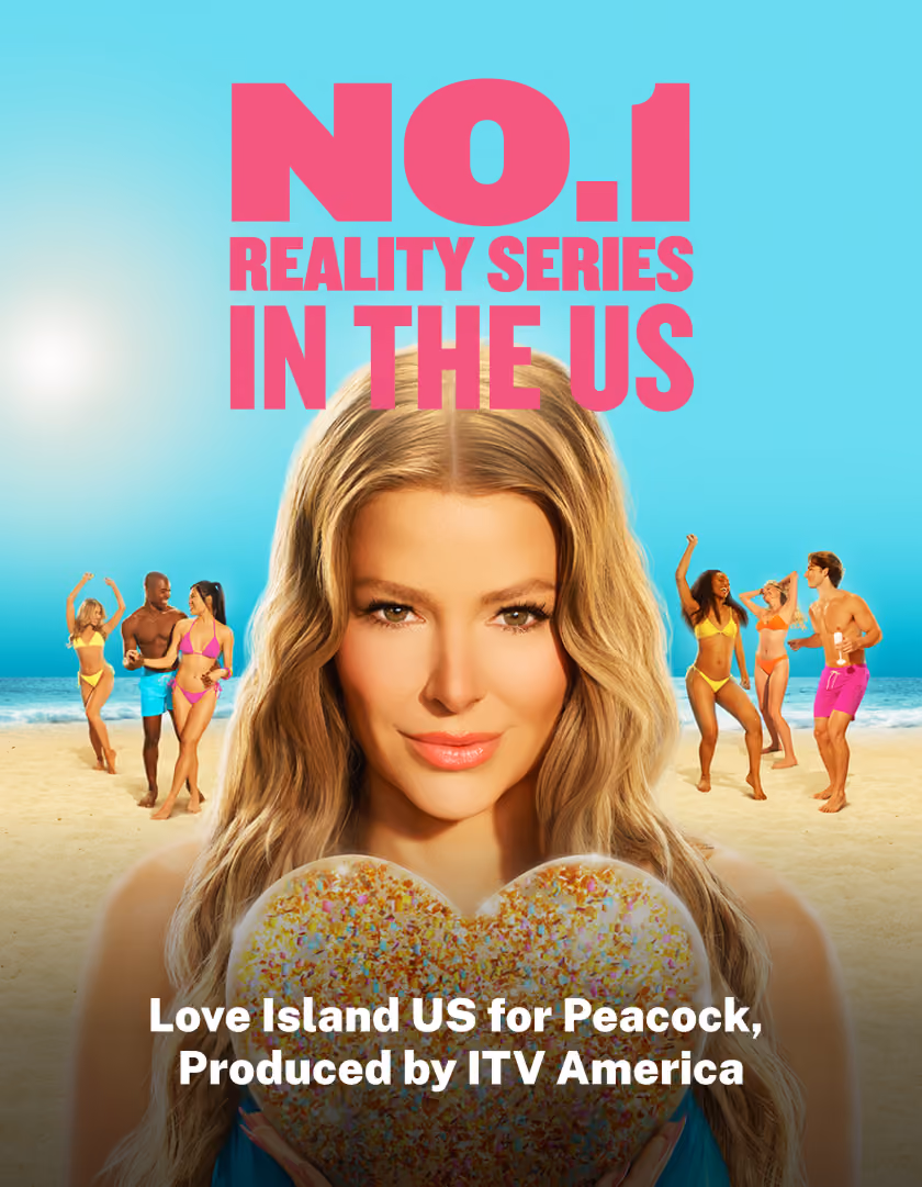 Love Island US poster with blonde woman holding a heart, groups on beach, text: No.1 reality series in US.