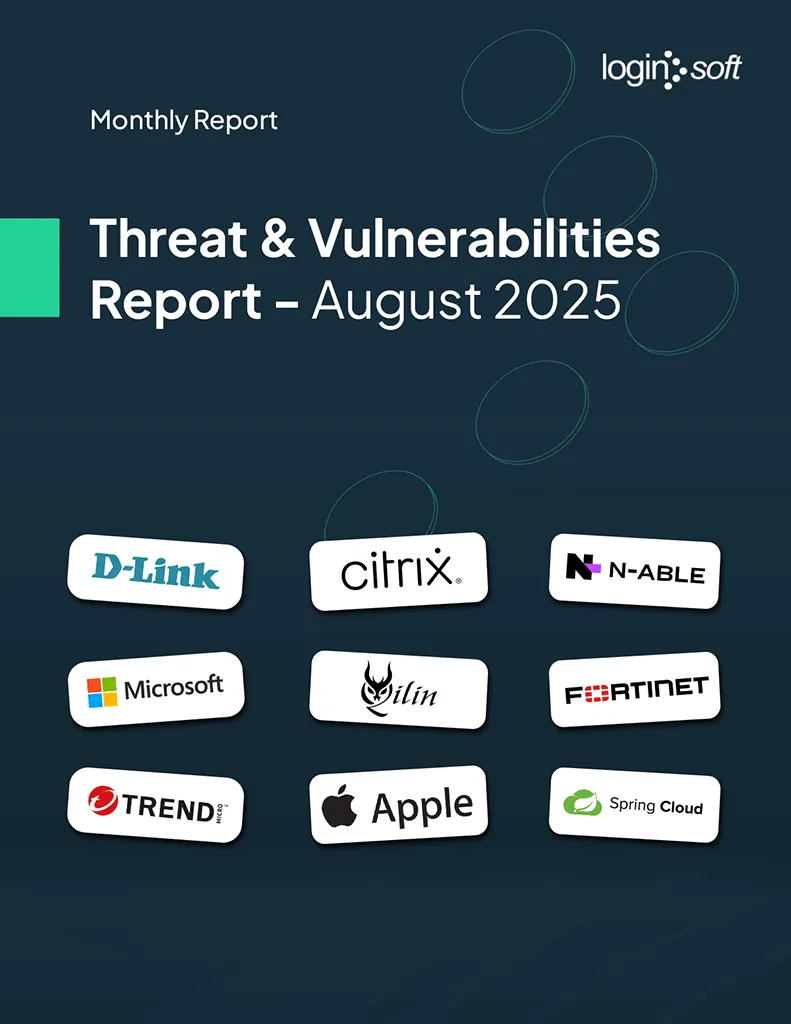 Cover page of the "Threat and Vulnerabilities Report - August" by Loginsoft