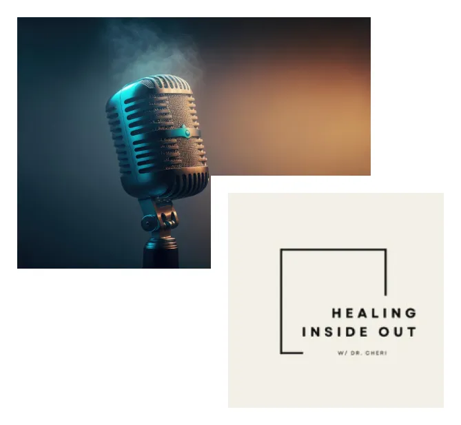 2 images, one of a microphone and the other a cover of Healing Inside Out podcast