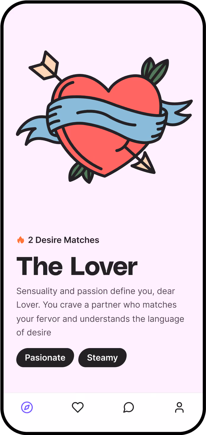 The HUD app bedroom interface showing the bedroom archetype "The Lover"
