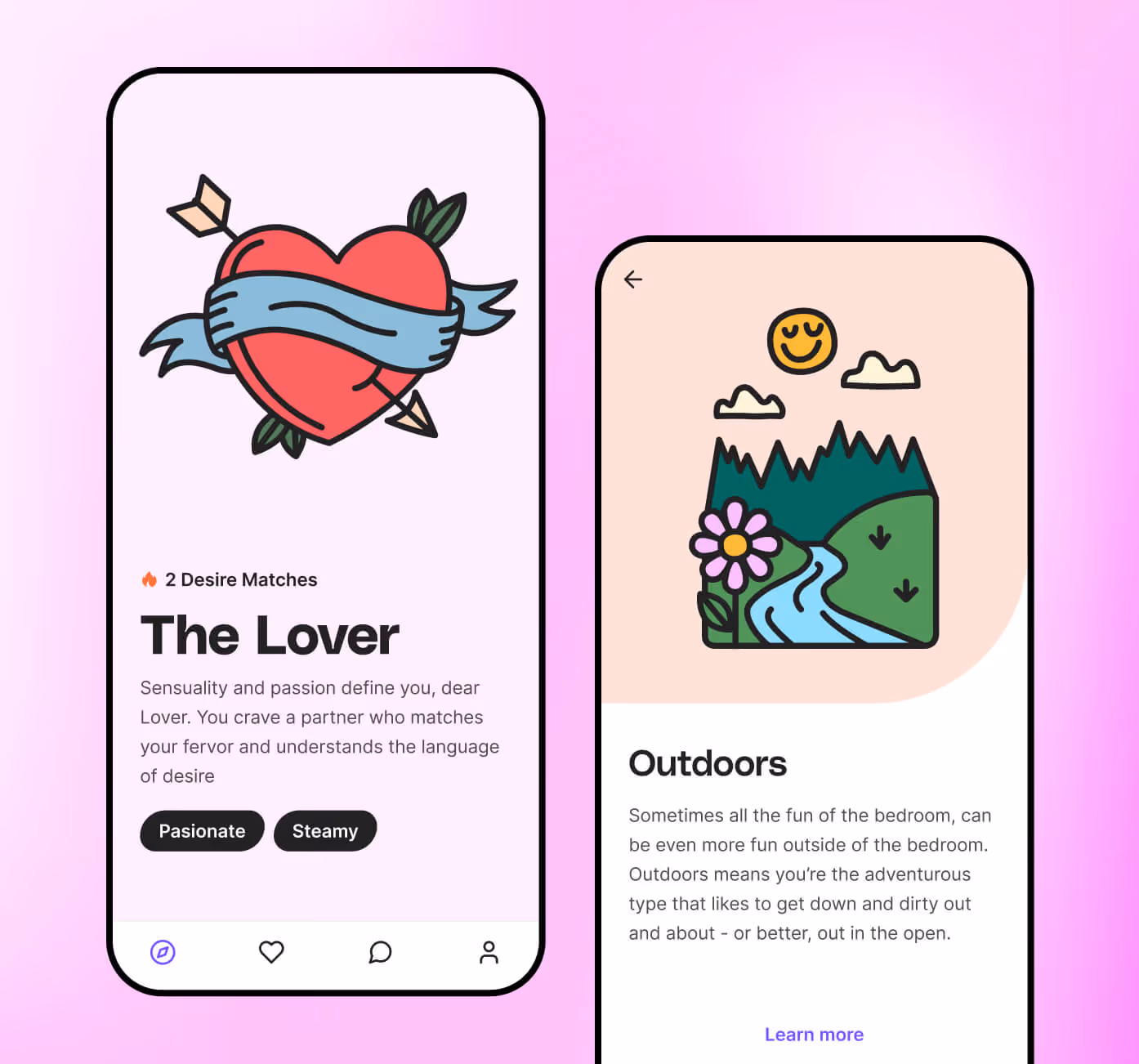 HUD app product shots displaying a bedroom archetype "The Lover" and a helper screen describing the "Outdoors" bedroom desire. 